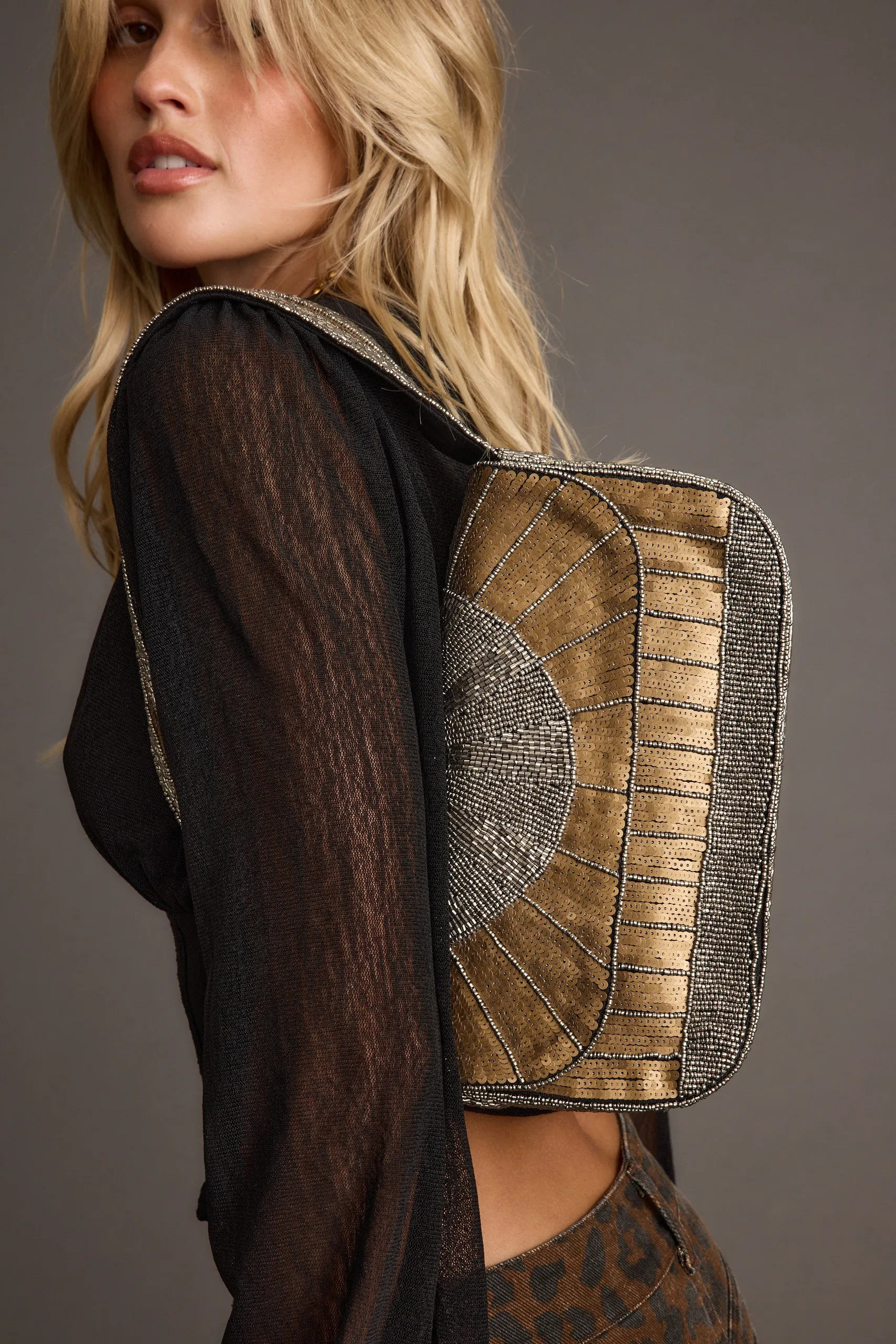 Lucy Silver and Gold Beaded Abstract Printed Bag