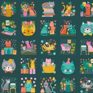 Makower Fabrics | Whiskers | Panel | Teal