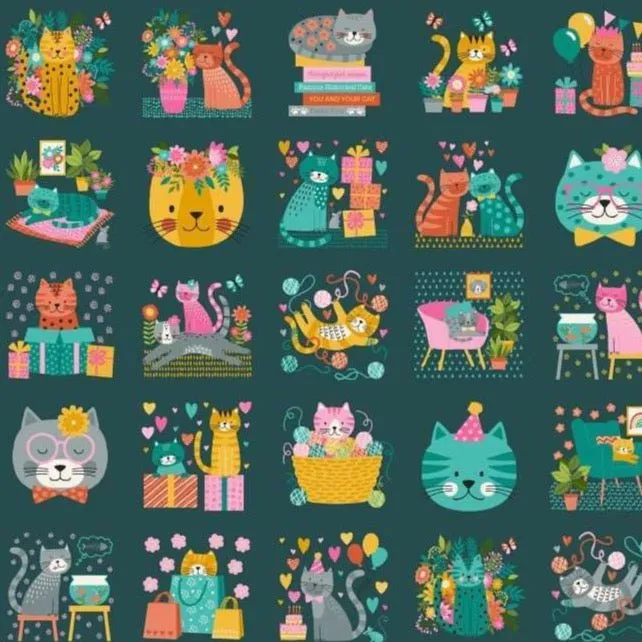 Makower Fabrics | Whiskers | Panel | Teal