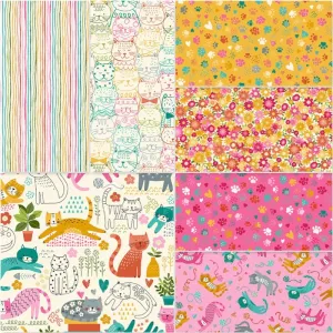 Makower Fabrics | Whiskers | Pink Fat Quarter Pack (7)