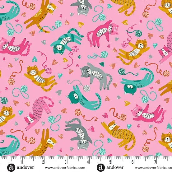 Makower Fabrics | Whiskers | Playfull Cats | Pink