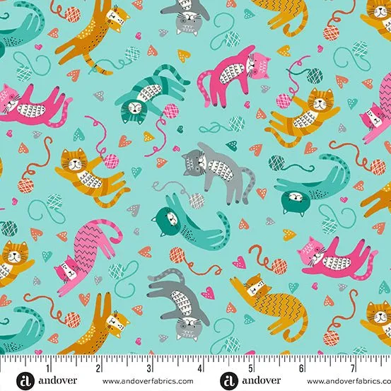 Makower Fabrics | Whiskers | Playfull Cats | Teal