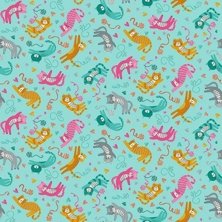 Makower Fabrics | Whiskers | Playfull Cats | Teal