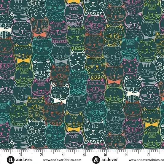 Makower Fabrics | Whiskers | Portrait Cats | Teal