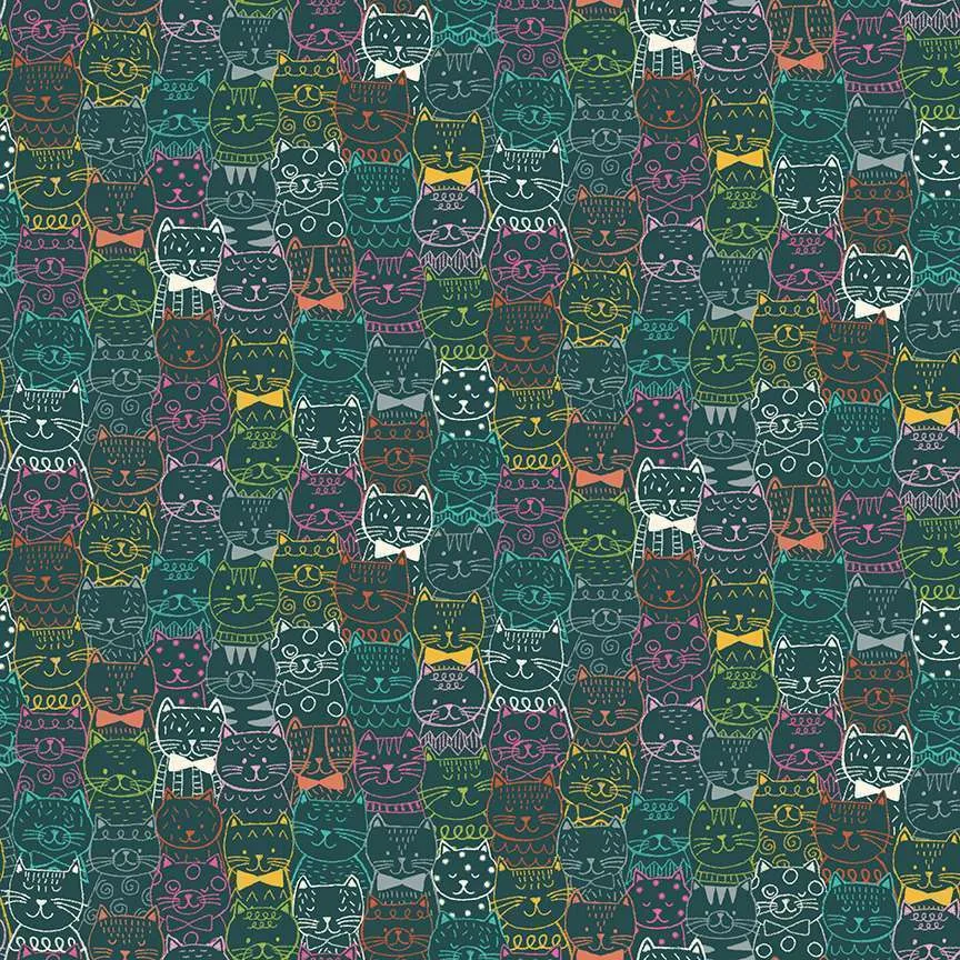 Makower Fabrics | Whiskers | Portrait Cats | Teal