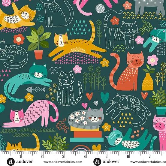 Makower Fabrics | Whiskers | Teal Fat Quarter Pack (7)