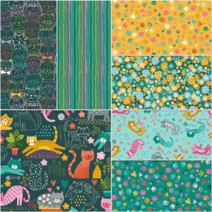 Makower Fabrics | Whiskers | Teal Fat Quarter Pack (7)