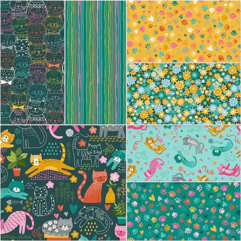 Makower Fabrics | Whiskers | Teal Fat Quarter Pack (7)