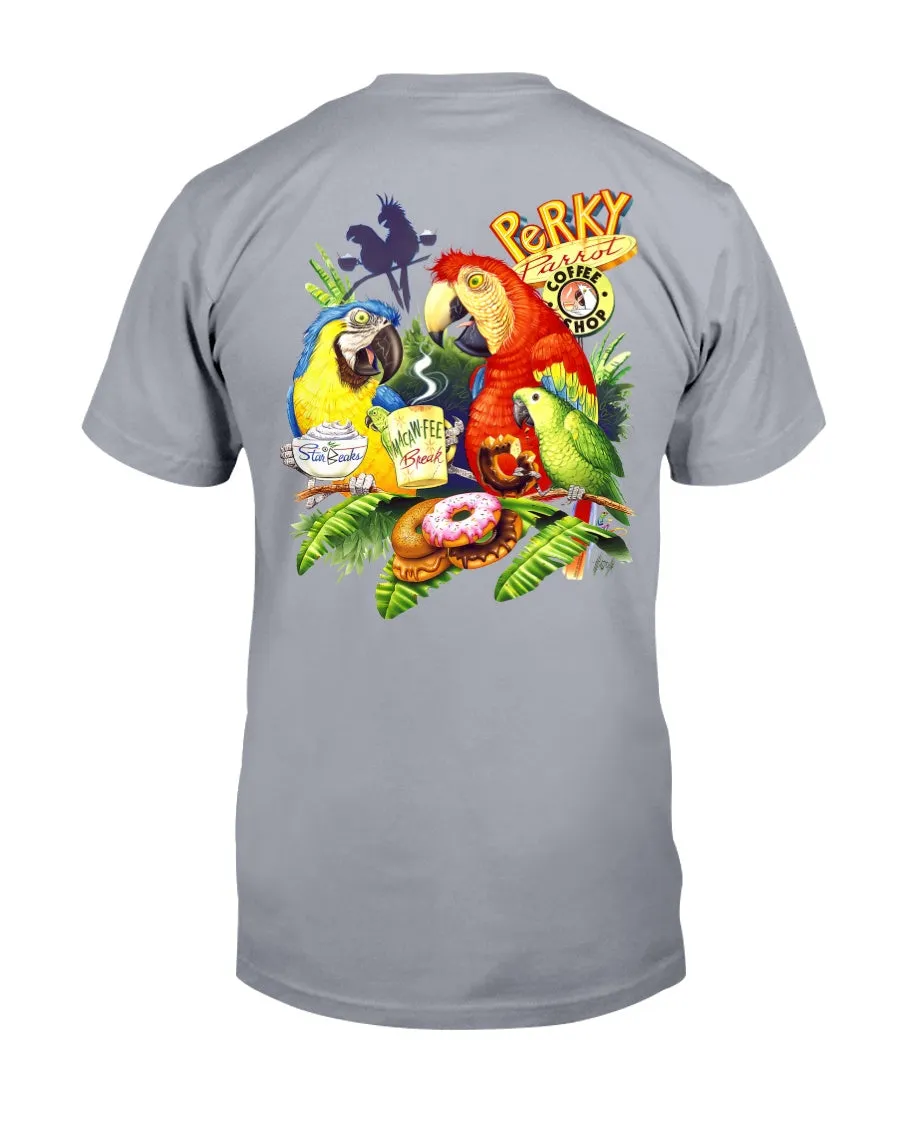 Men's Perky Parrot Coffee Shop Macaw T-Shirt w/ StarBeaks chest logo