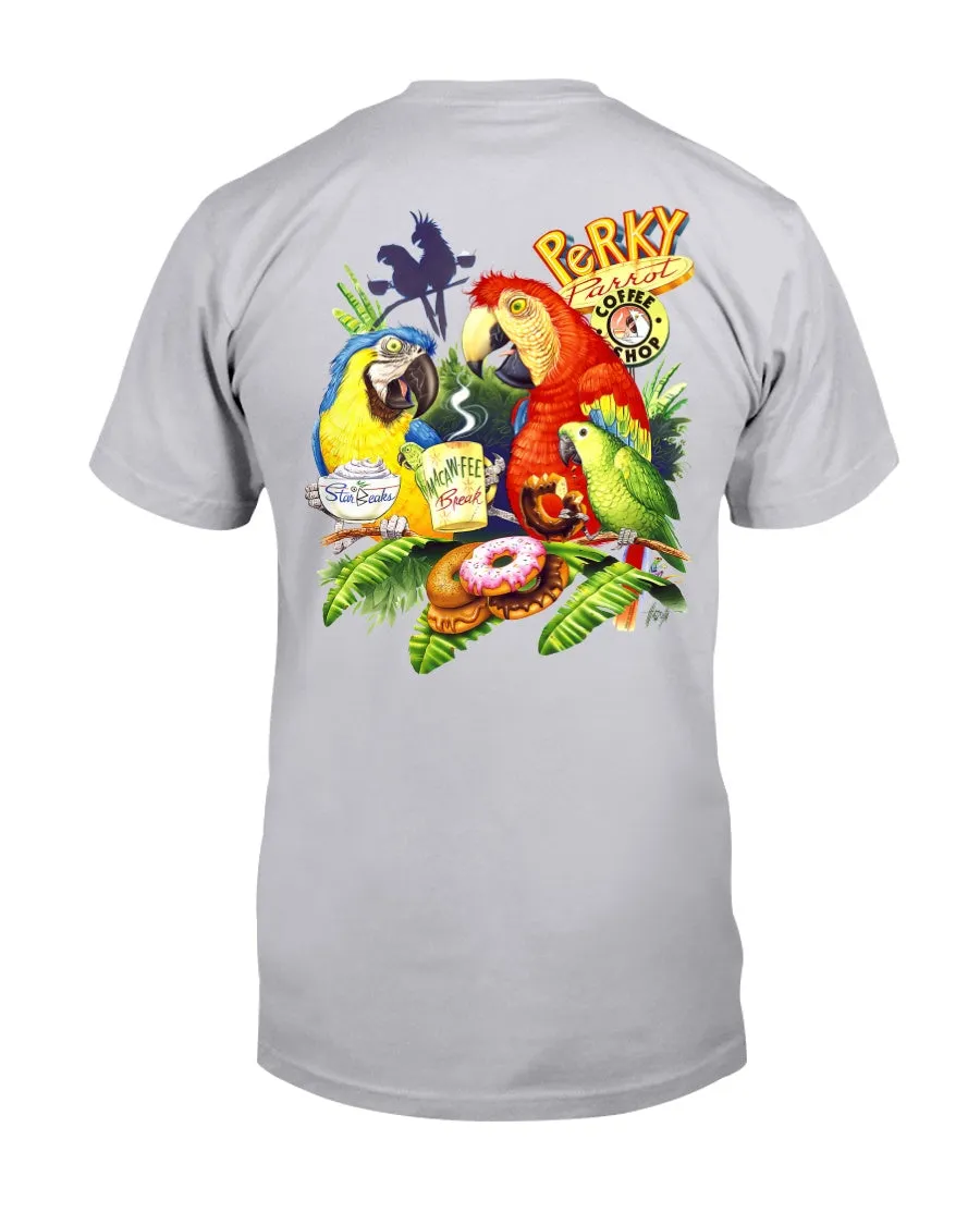Men's Perky Parrot Coffee Shop Macaw T-Shirt w/ StarBeaks chest logo