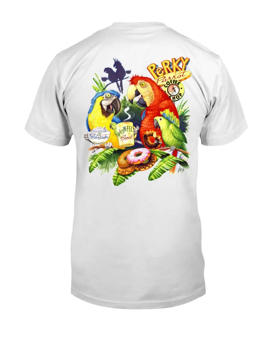 Men's Perky Parrot Coffee Shop Macaw T-Shirt w/ StarBeaks chest logo