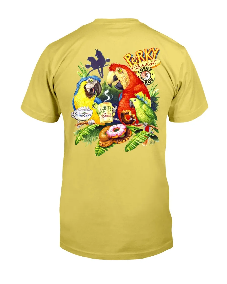 Men's Perky Parrot Coffee Shop Macaw T-Shirt w/ StarBeaks chest logo