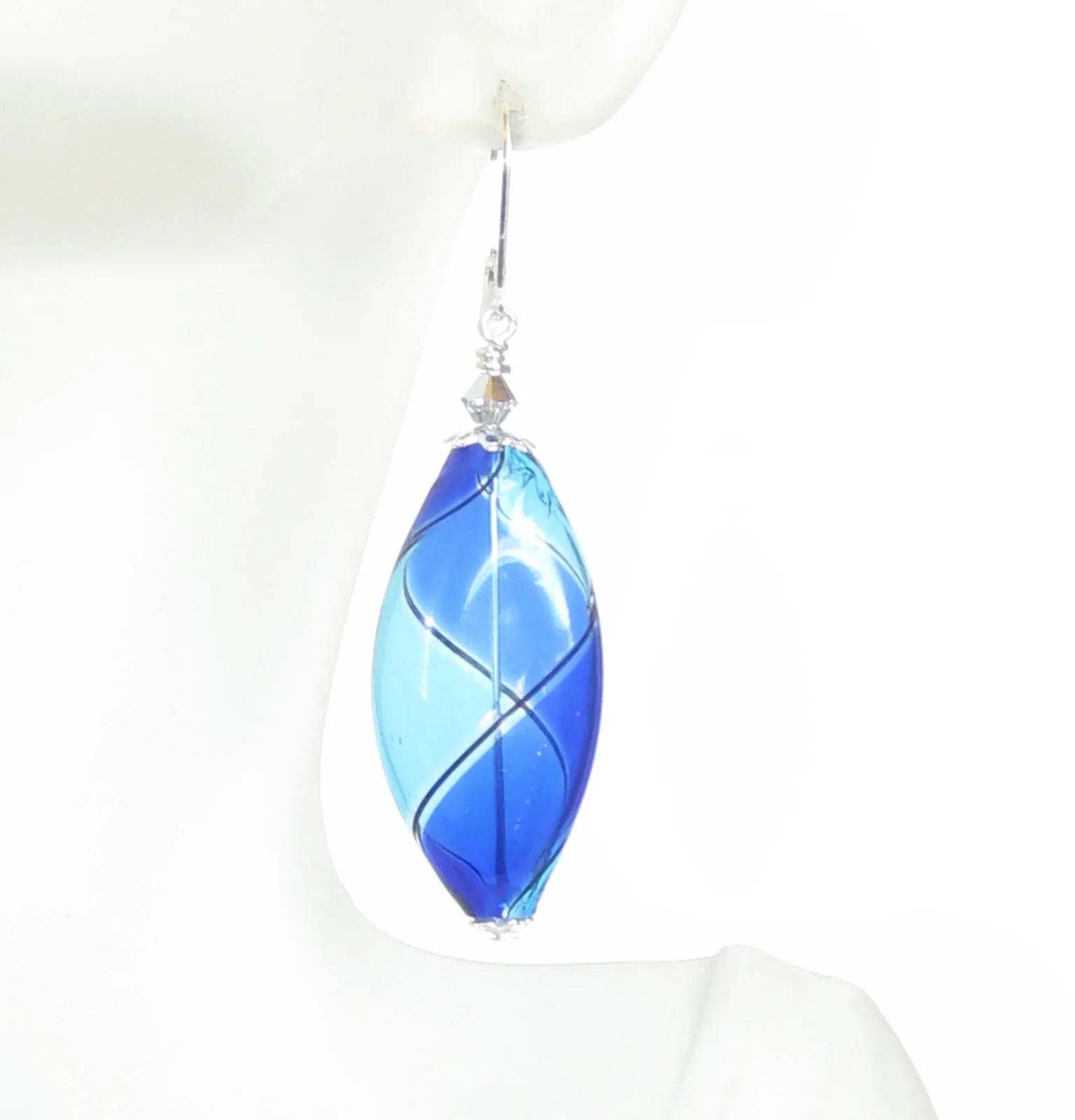 Murano Blown Glass Bicolor Cobalt Blue Aqua Long Argyle Earrings