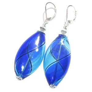 Murano Blown Glass Bicolor Cobalt Blue Aqua Long Argyle Earrings