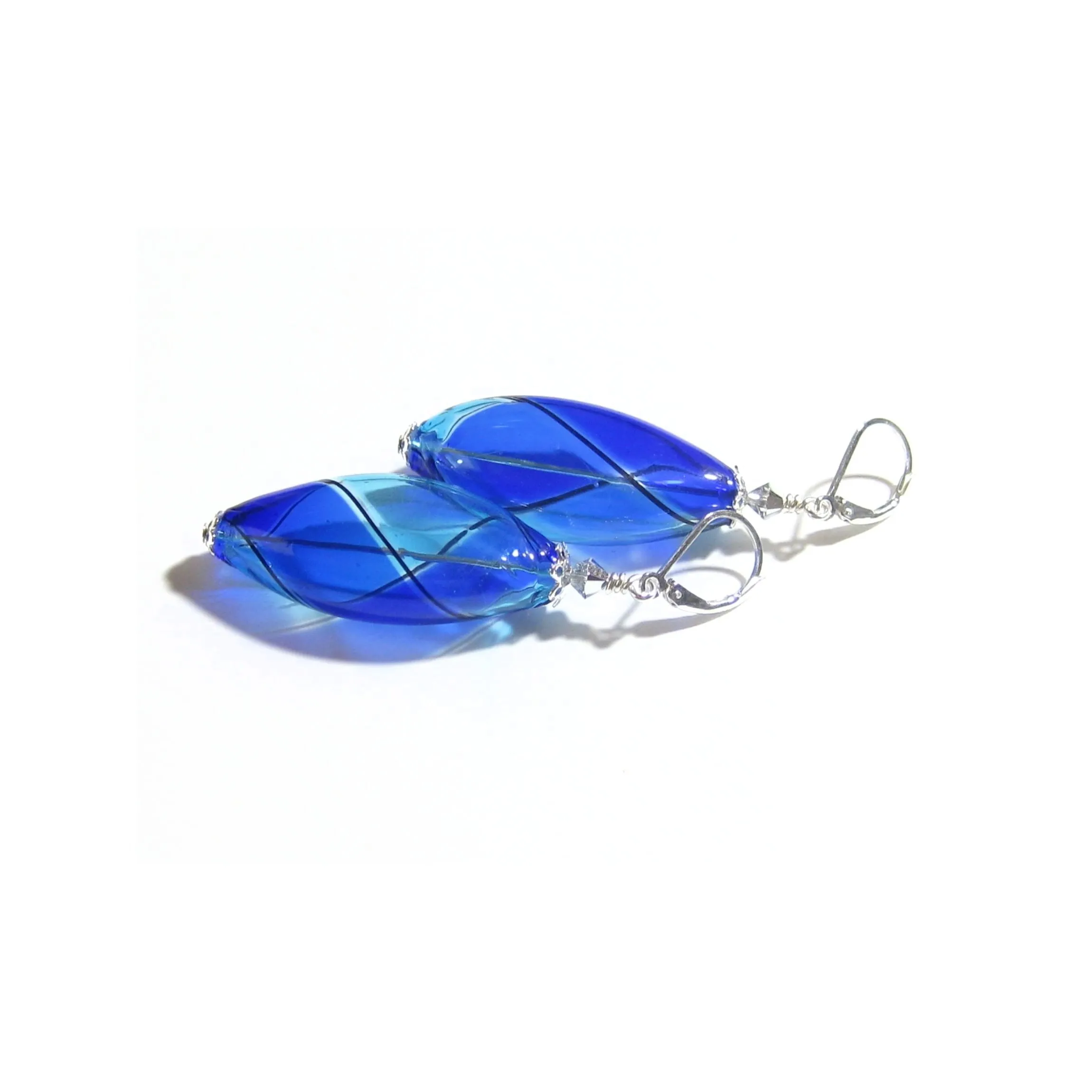 Murano Blown Glass Bicolor Cobalt Blue Aqua Long Argyle Earrings