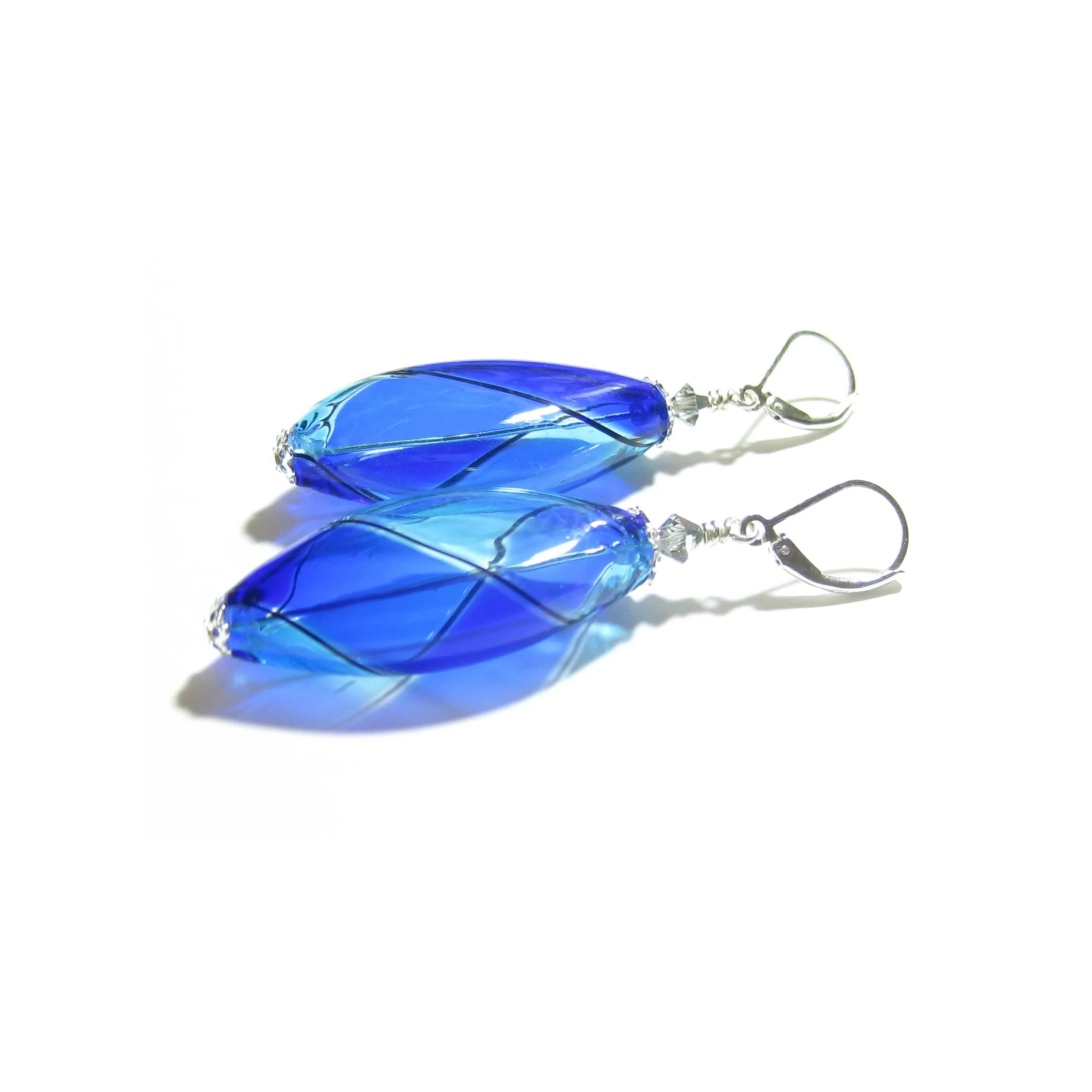 Murano Blown Glass Bicolor Cobalt Blue Aqua Long Argyle Earrings