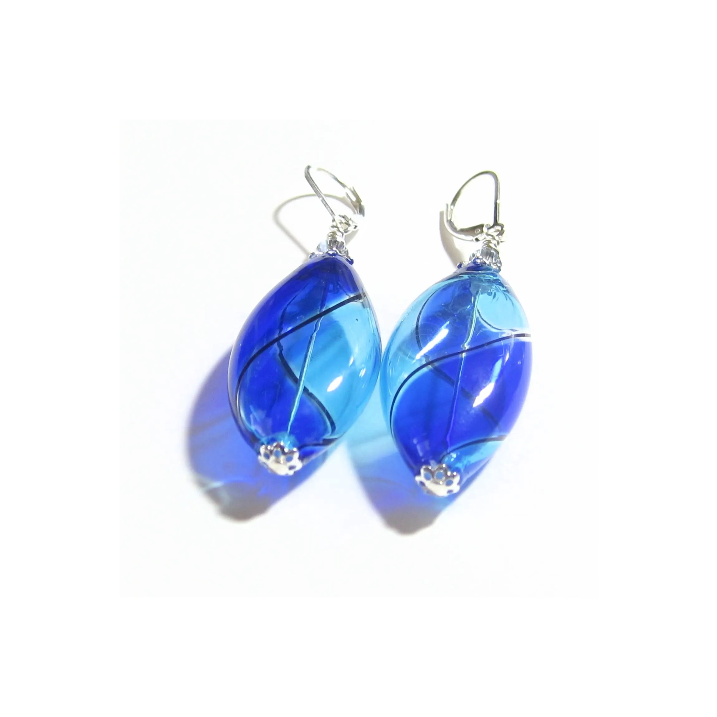 Murano Blown Glass Bicolor Cobalt Blue Aqua Long Argyle Earrings