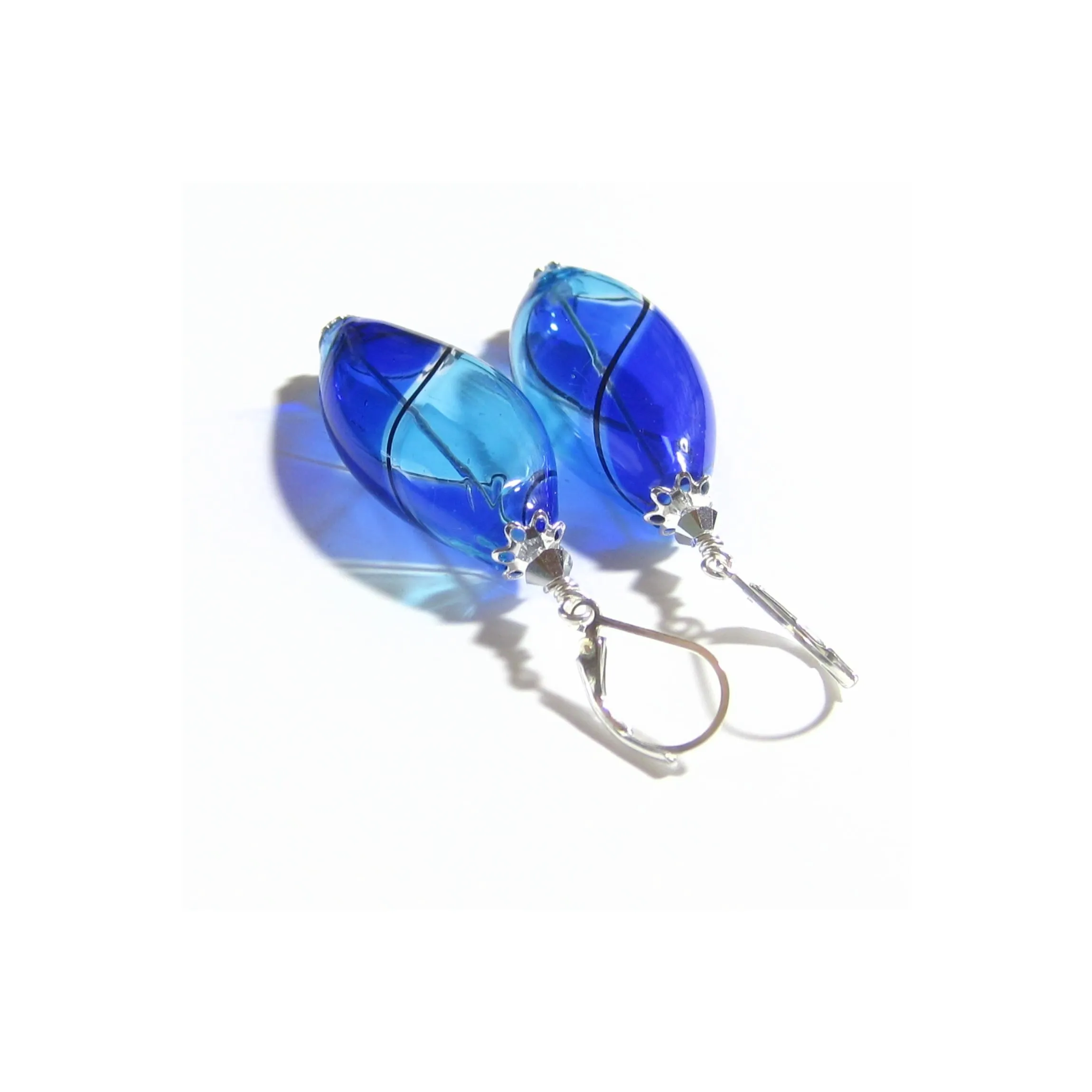 Murano Blown Glass Bicolor Cobalt Blue Aqua Long Argyle Earrings