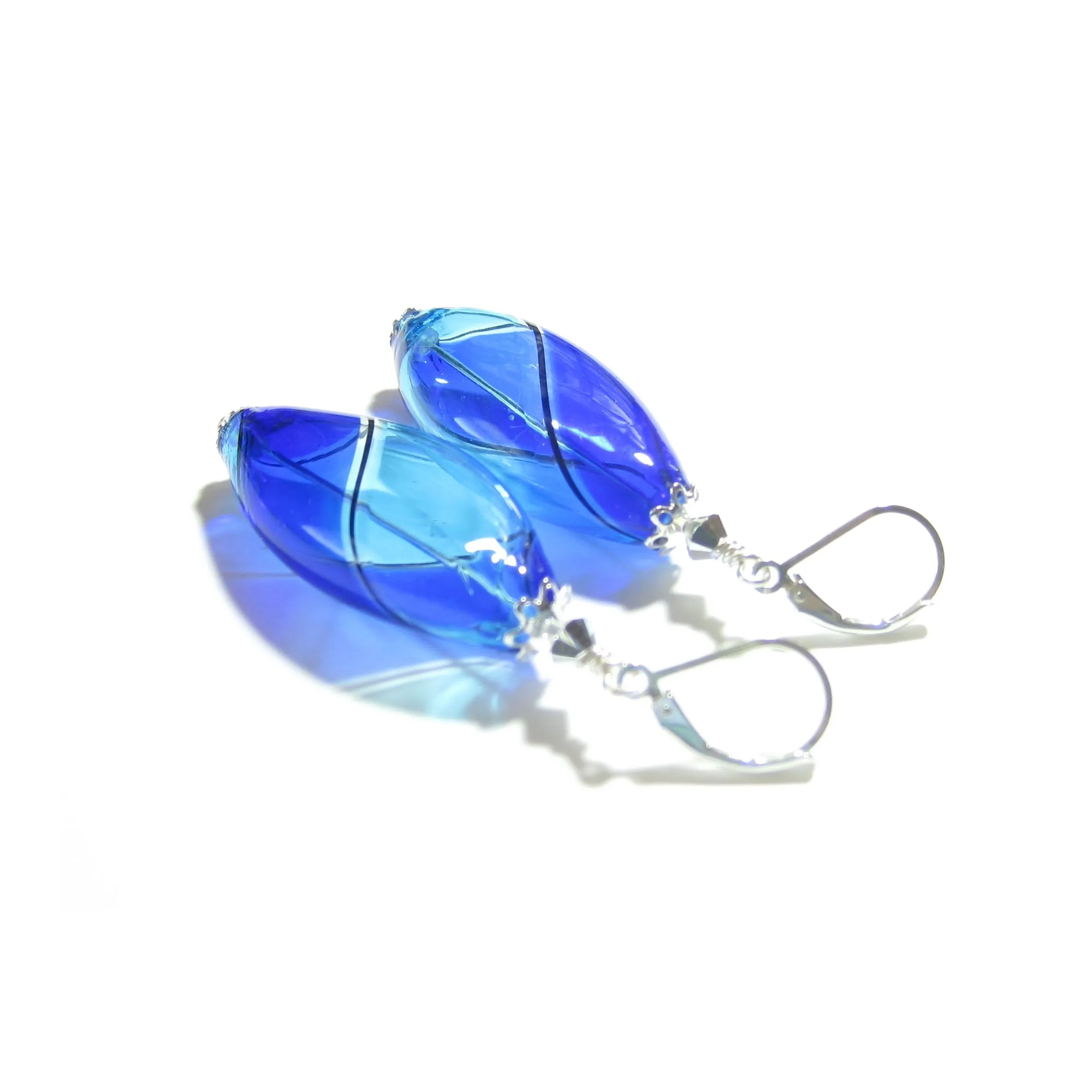 Murano Blown Glass Bicolor Cobalt Blue Aqua Long Argyle Earrings