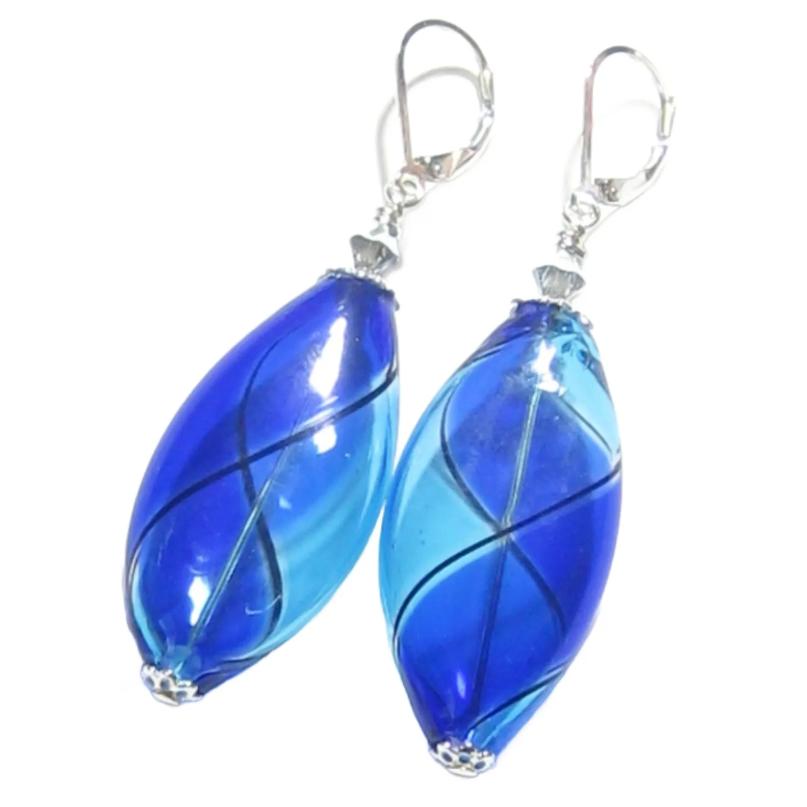 Murano Blown Glass Bicolor Cobalt Blue Aqua Long Argyle Earrings