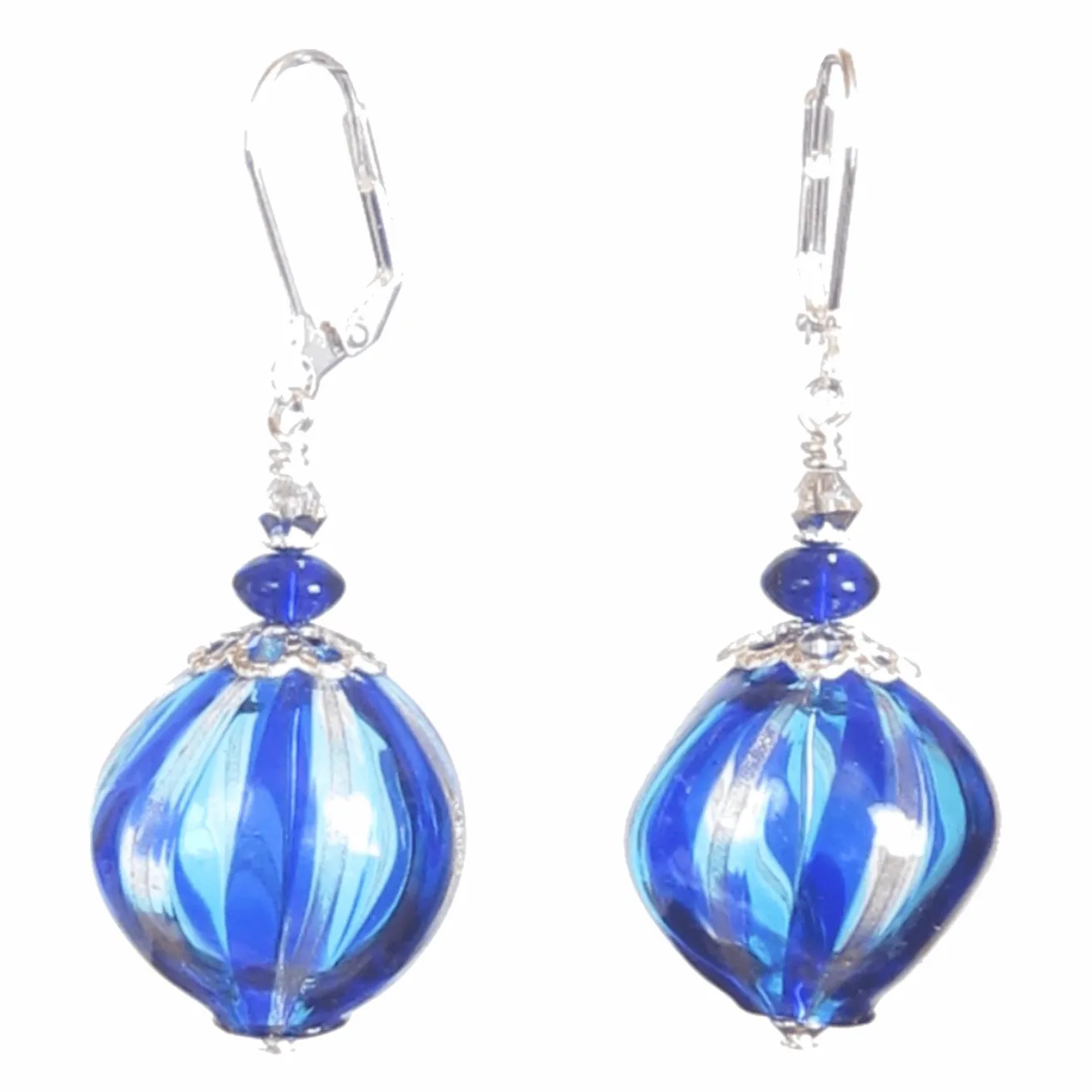 Murano Blown Glass Blue Aqua Nugget Round Ball Earrings