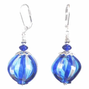 Murano Blown Glass Blue Aqua Nugget Round Ball Earrings