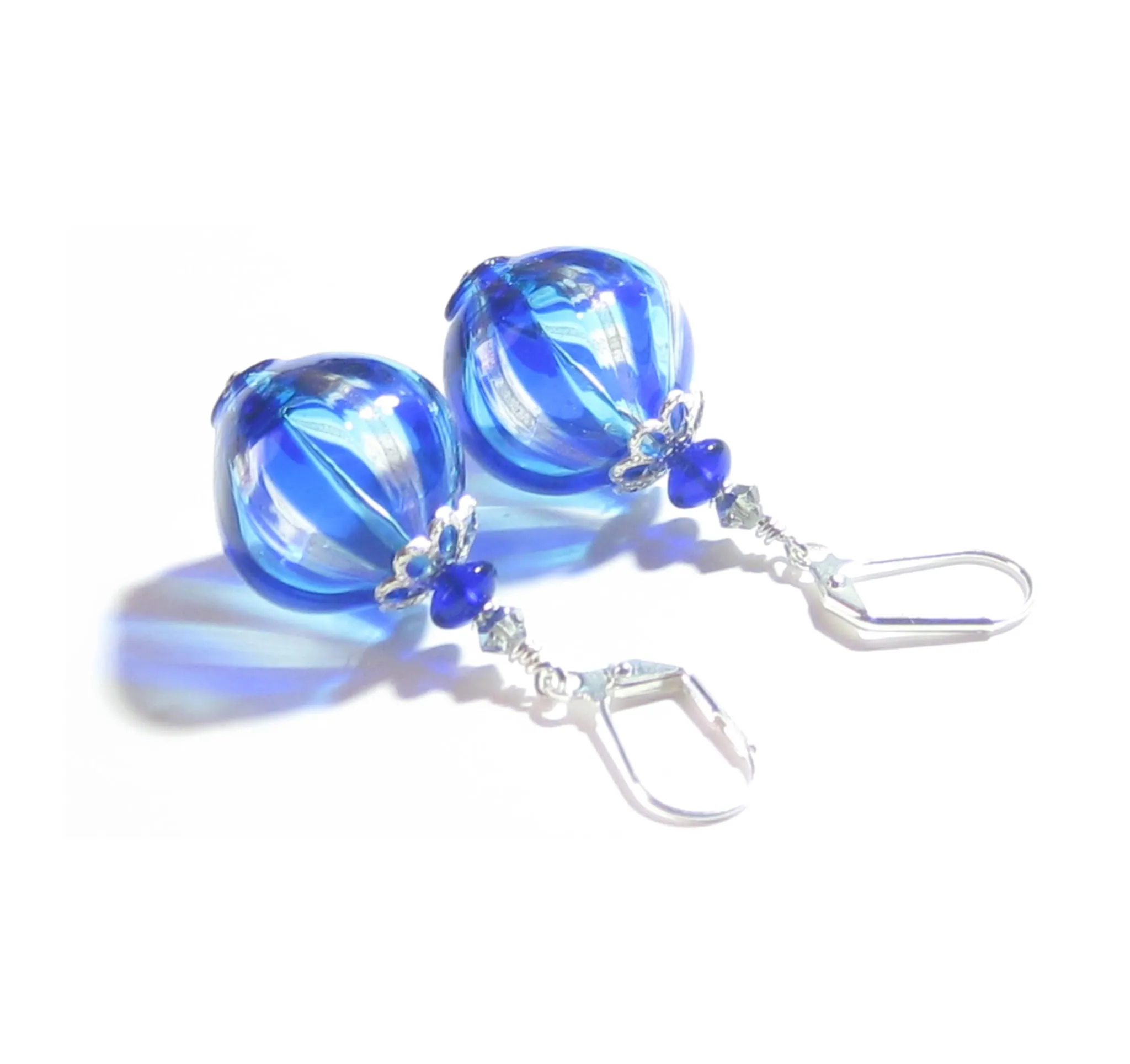 Murano Blown Glass Blue Aqua Nugget Round Ball Earrings