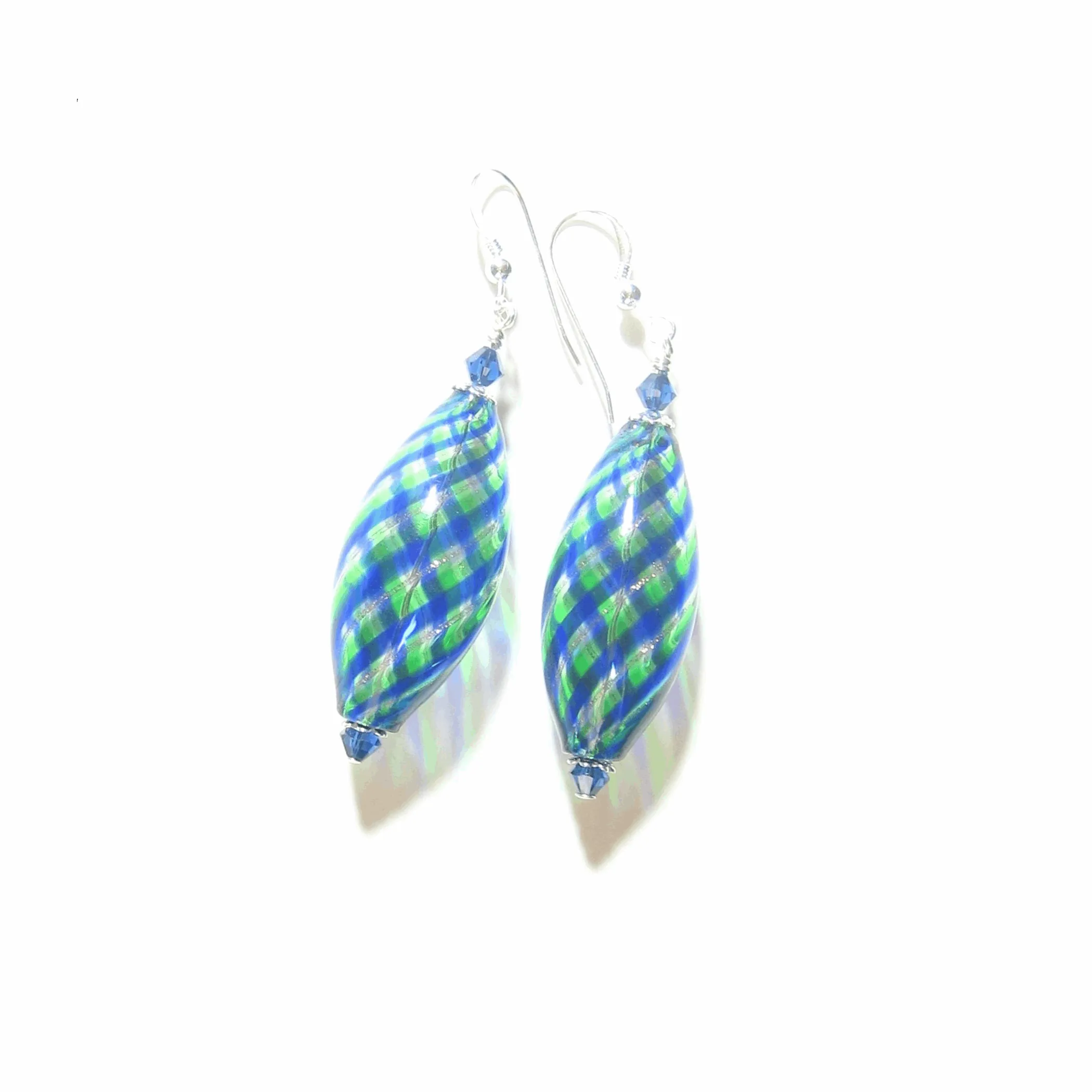 Murano Blown Glass Blue Green Long Oval Earrings - Handcrafted Italian Design