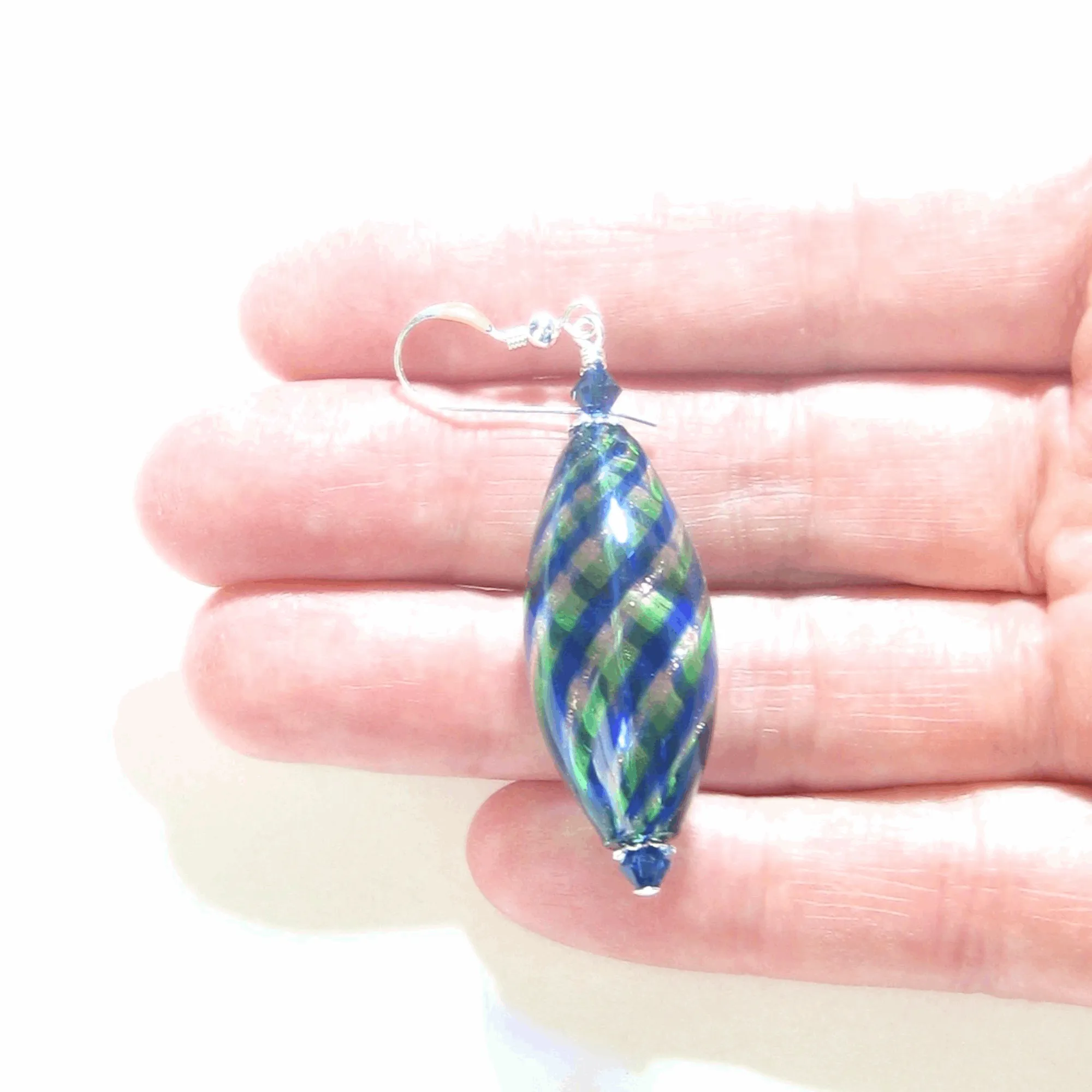 Murano Blown Glass Blue Green Long Oval Earrings - Handcrafted Italian Design