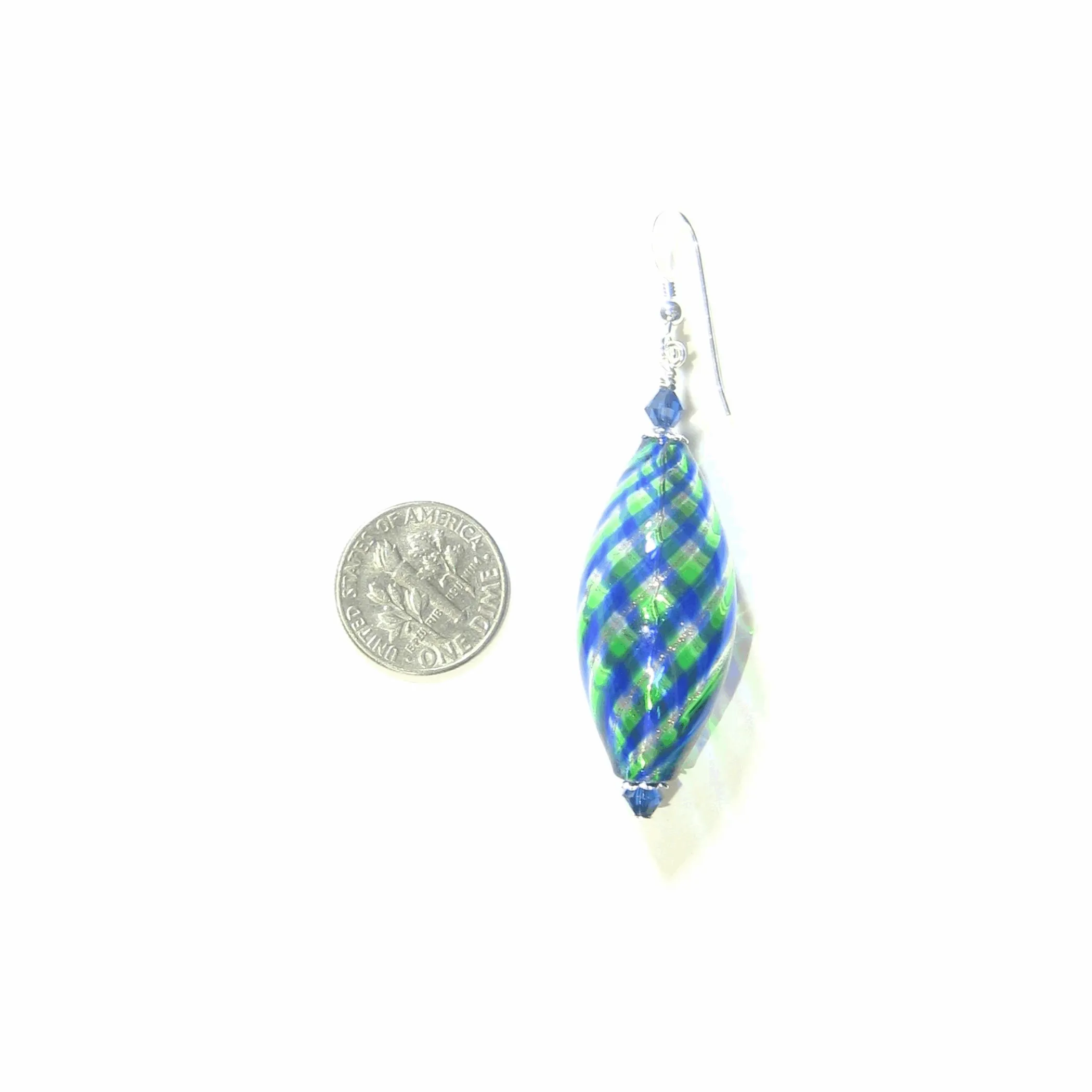 Murano Blown Glass Blue Green Long Oval Earrings - Handcrafted Italian Design