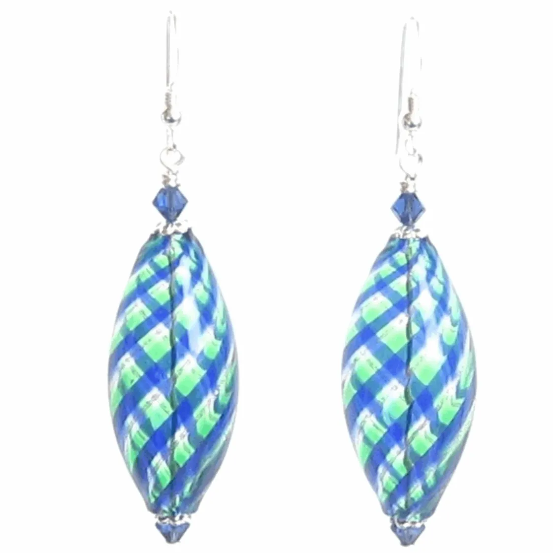 Murano Blown Glass Blue Green Long Oval Earrings - Handcrafted Italian Design