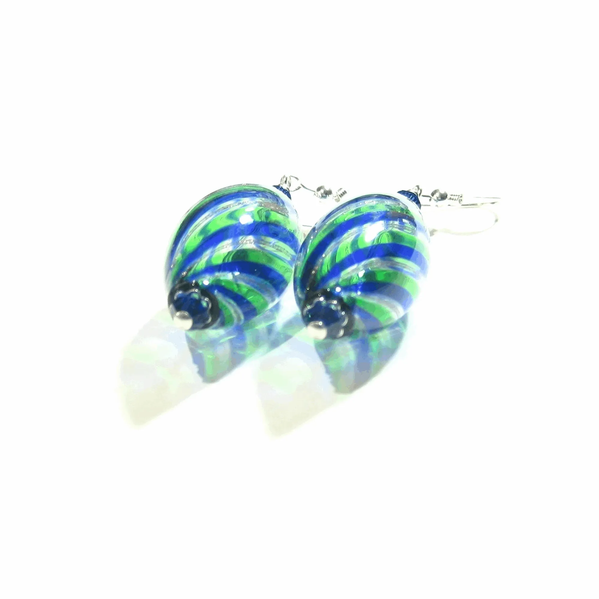 Murano Blown Glass Blue Green Long Oval Earrings - Handcrafted Italian Design