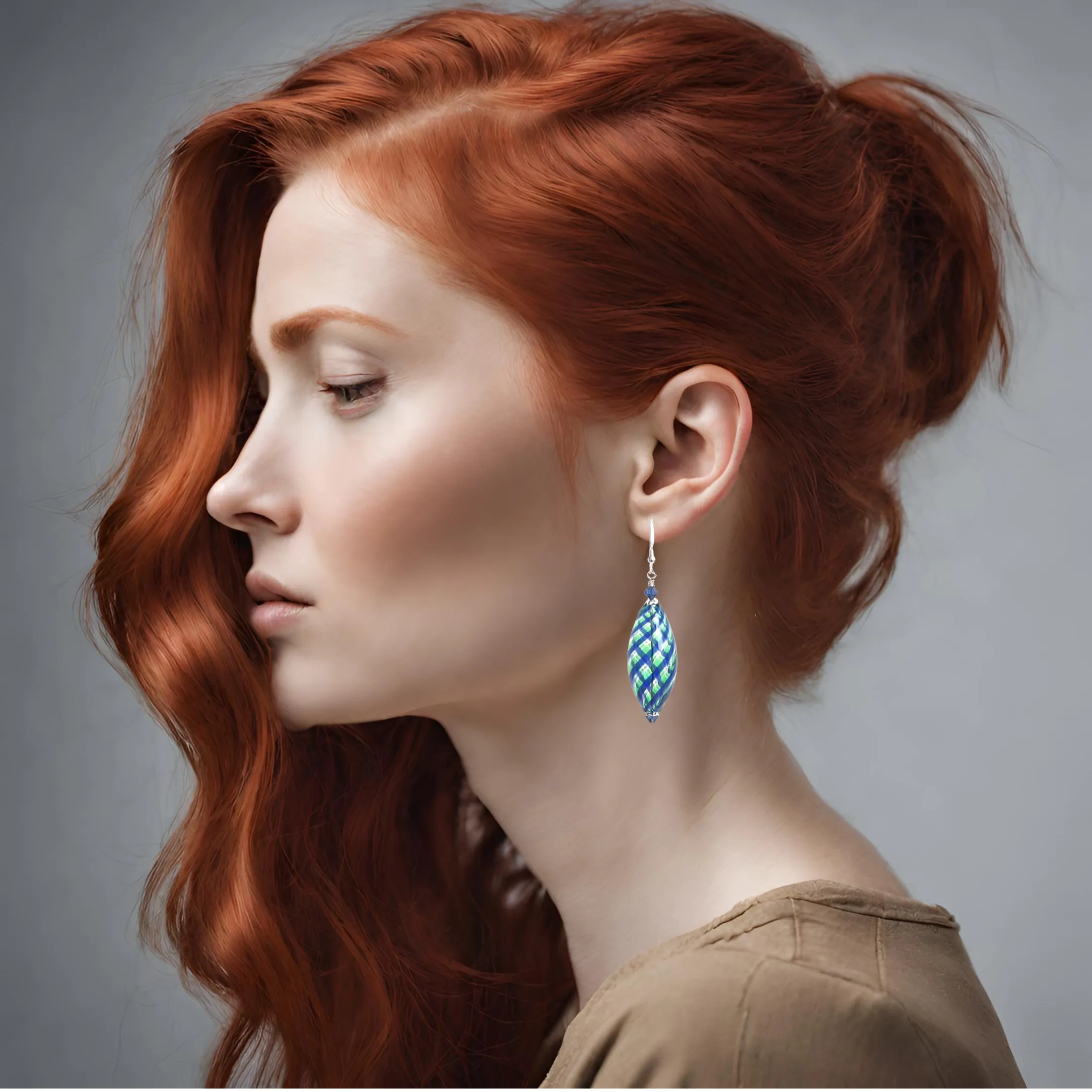 Murano Blown Glass Blue Green Long Oval Earrings - Handcrafted Italian Design