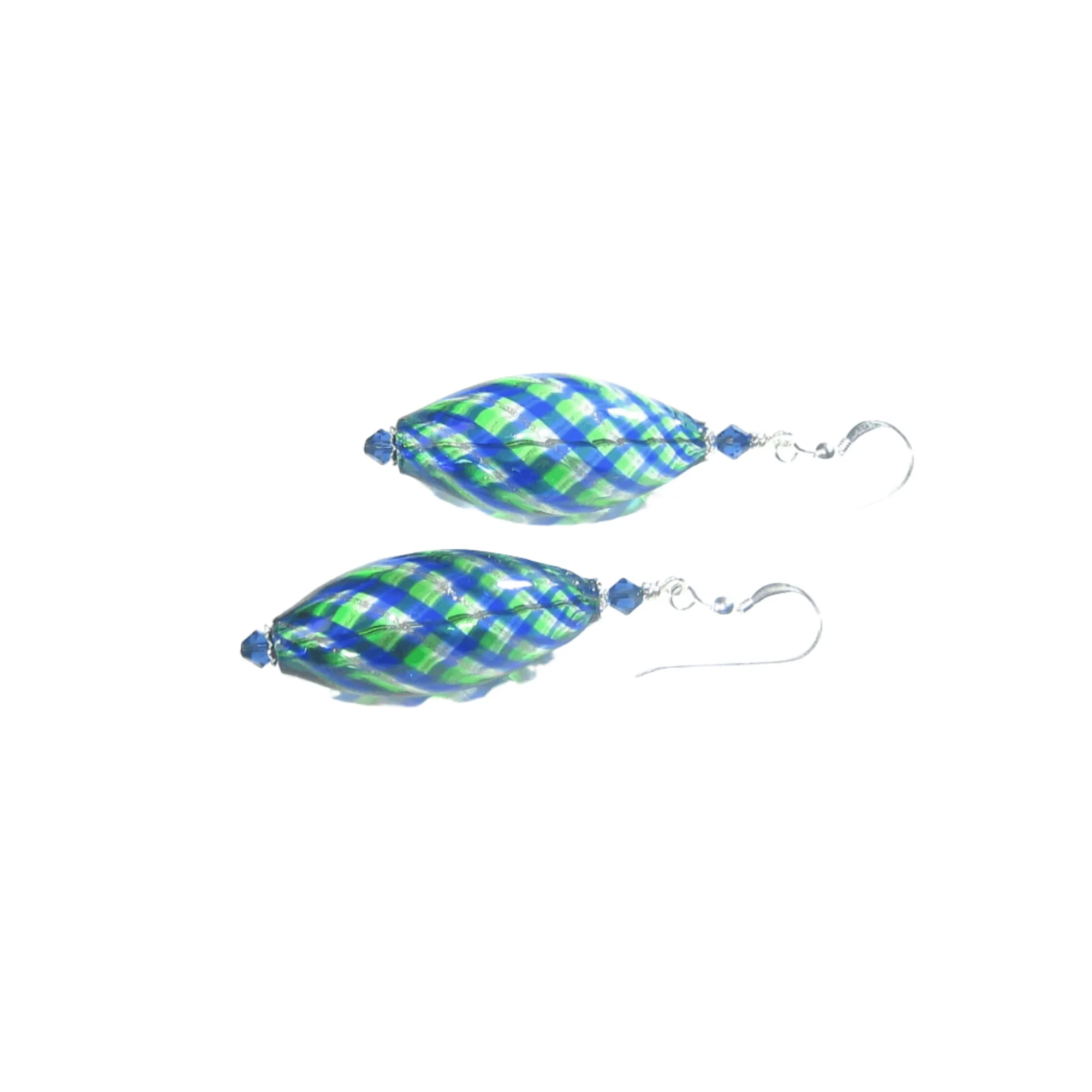 Murano Blown Glass Blue Green Long Oval Earrings - Handcrafted Italian Design