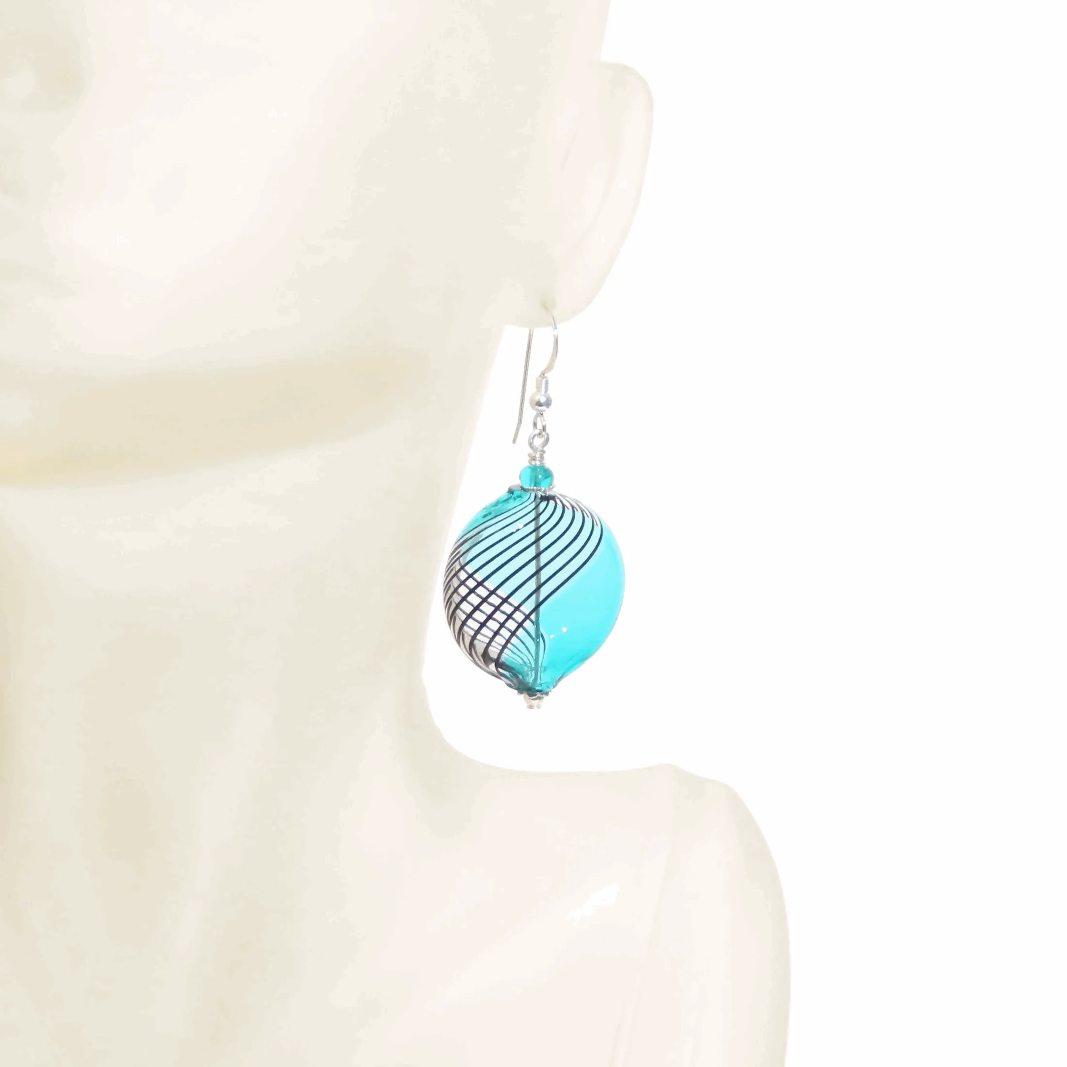 Murano Blown Glass Sea Green Black Disc Silver Earrings