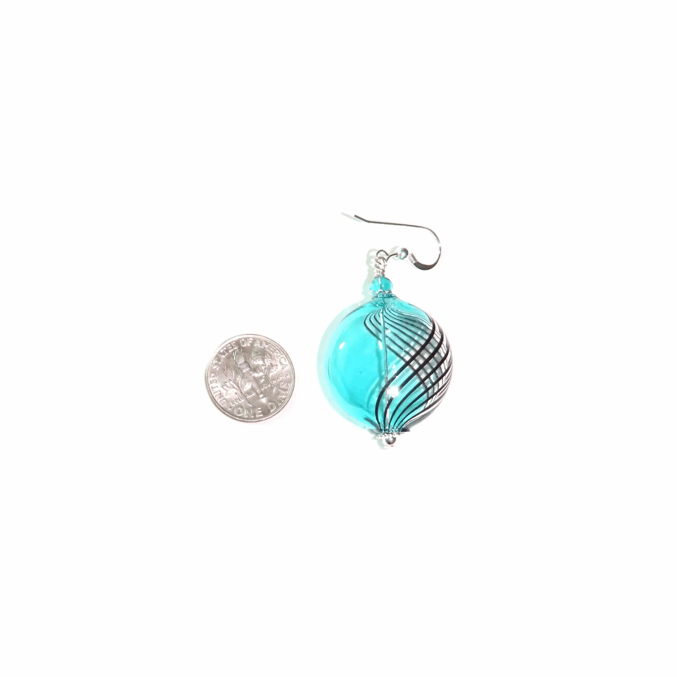 Murano Blown Glass Sea Green Black Disc Silver Earrings