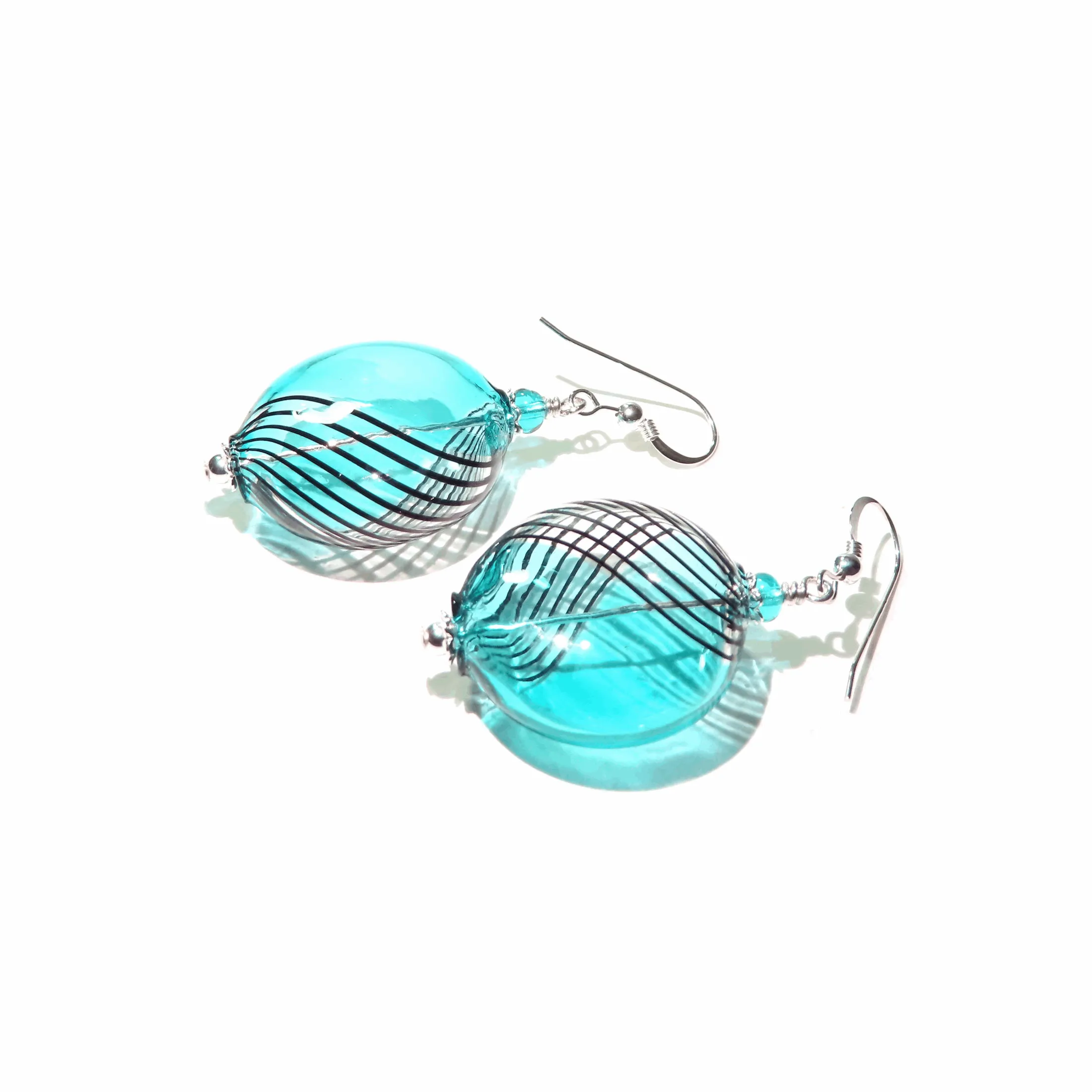 Murano Blown Glass Sea Green Black Disc Silver Earrings