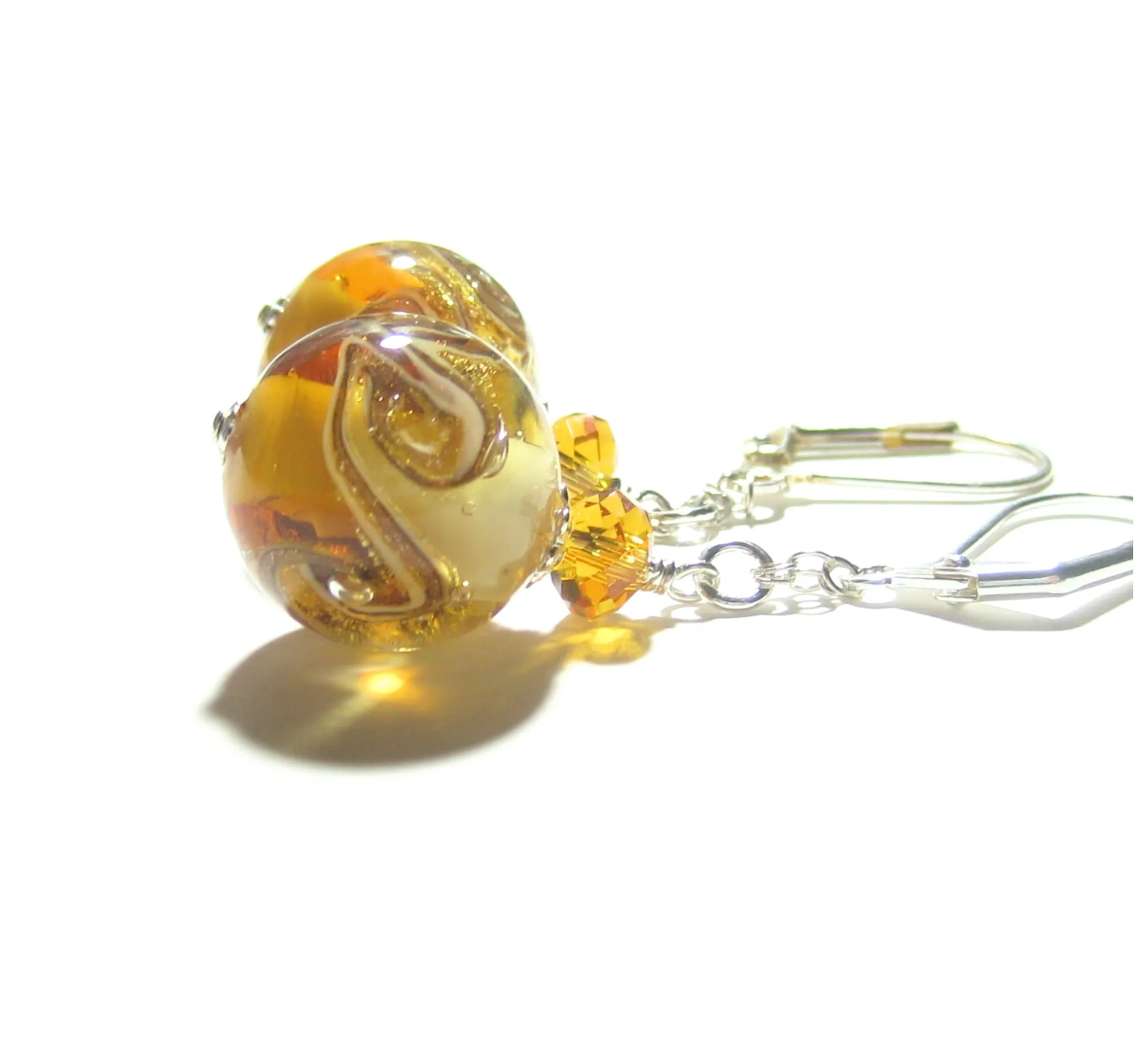 Murano Glass Amber Ball Sterling Silver Earrings