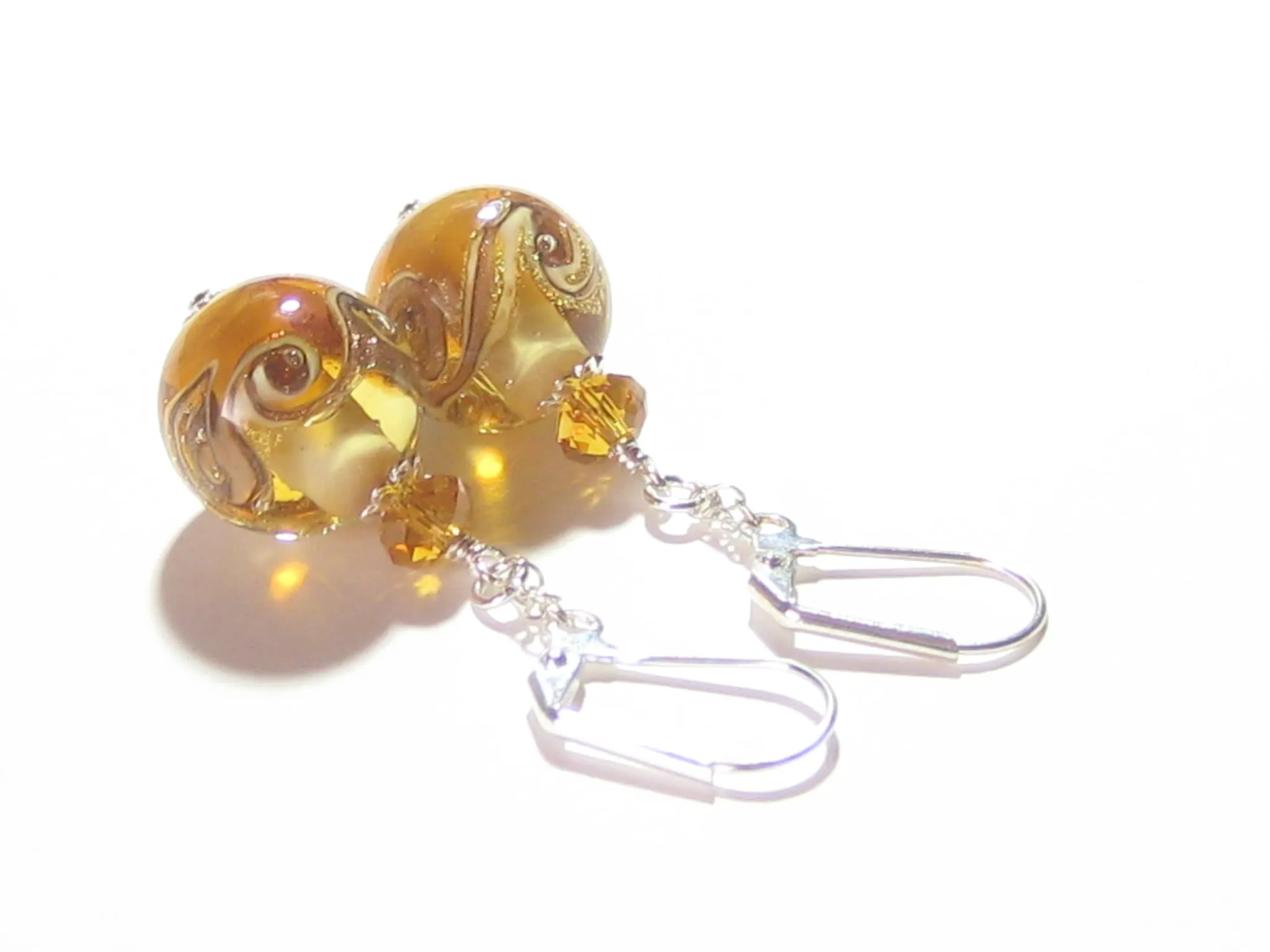 Murano Glass Amber Ball Sterling Silver Earrings