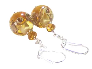 Murano Glass Amber Ball Sterling Silver Earrings