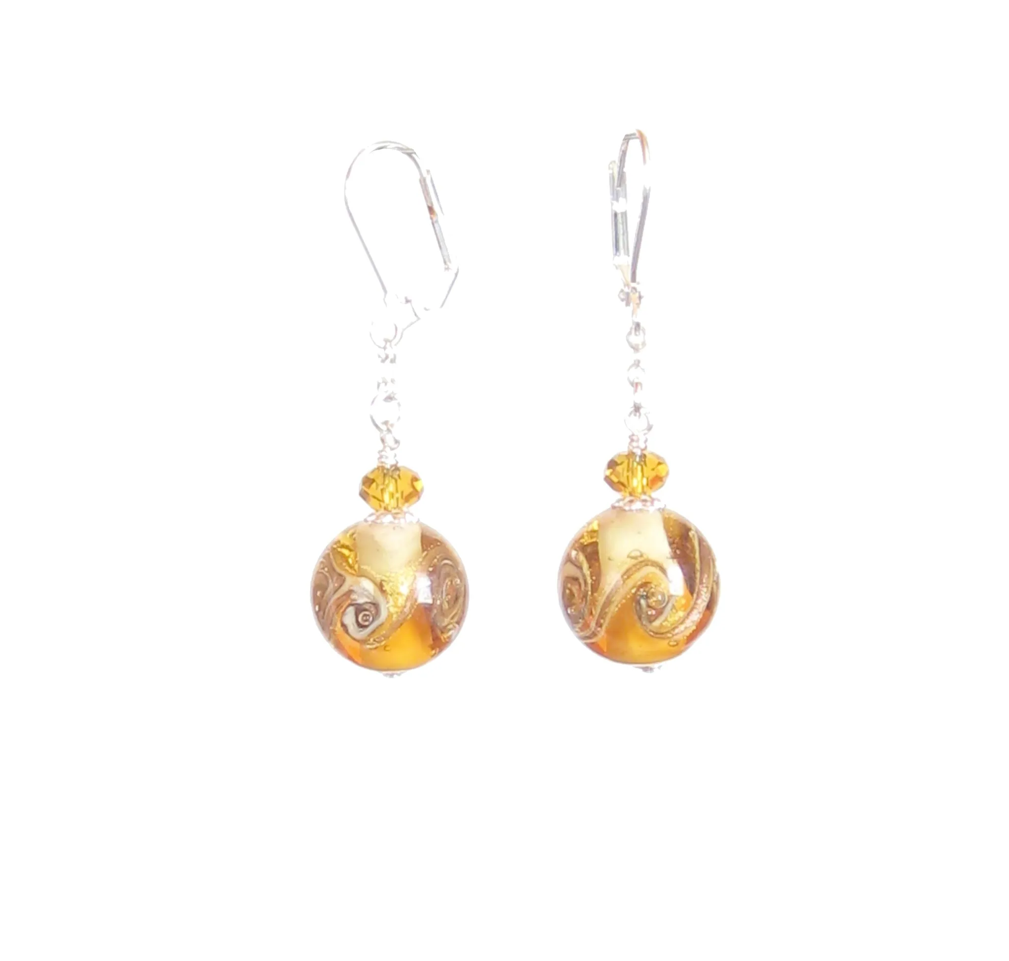 Murano Glass Amber Ball Sterling Silver Earrings