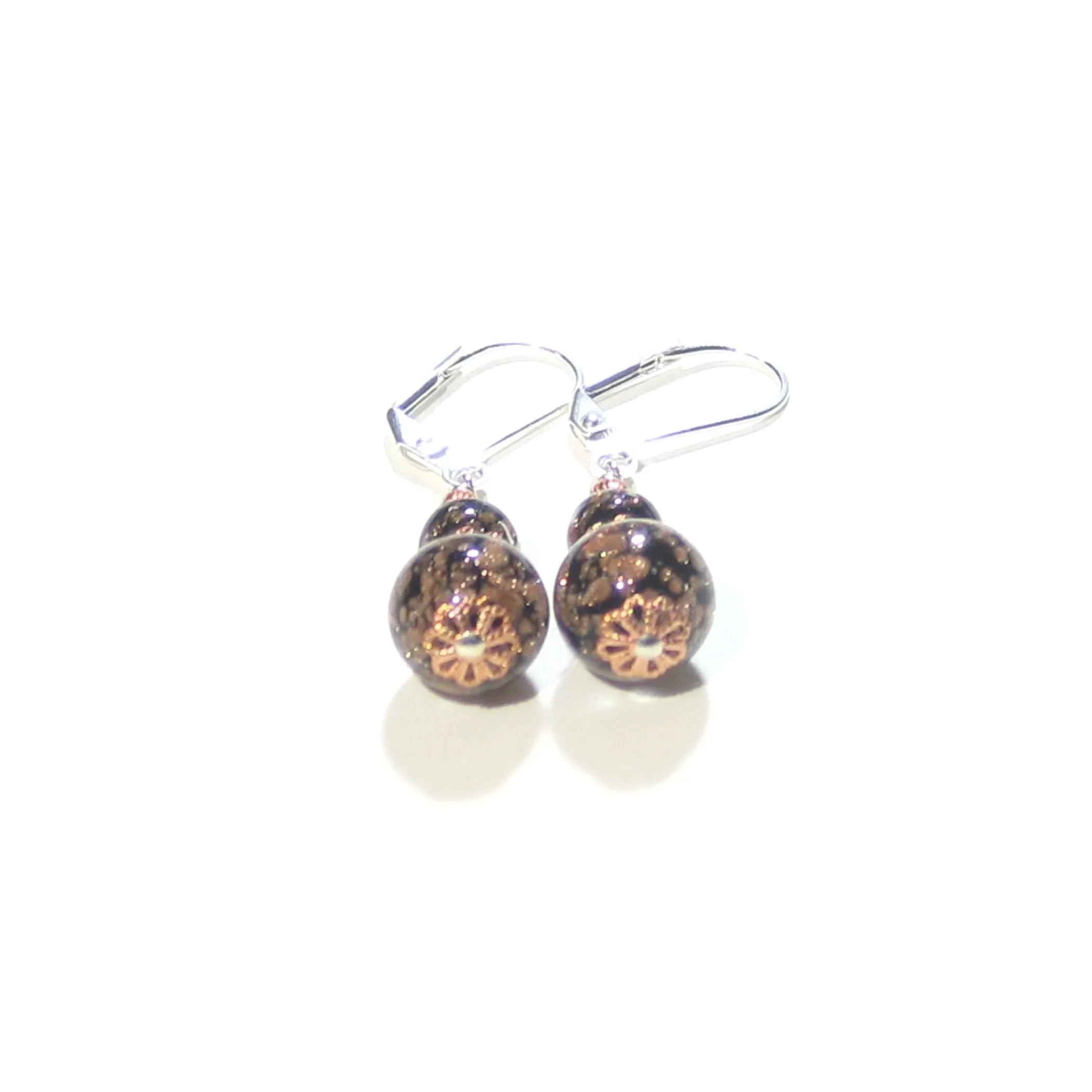 Murano Glass Black Copper Ball Sterling Silver Earrings