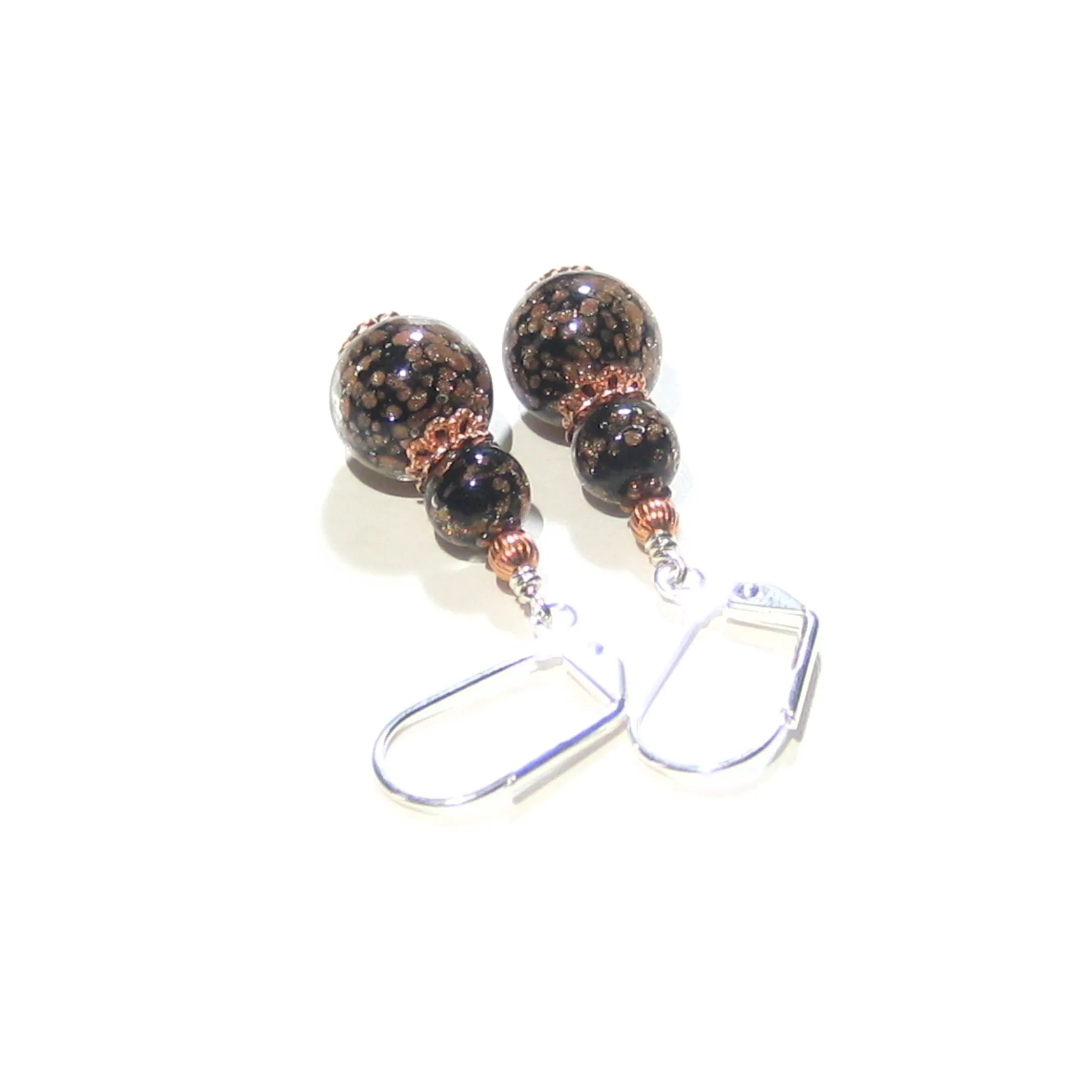 Murano Glass Black Copper Ball Sterling Silver Earrings