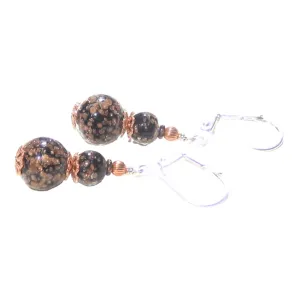 Murano Glass Black Copper Ball Sterling Silver Earrings