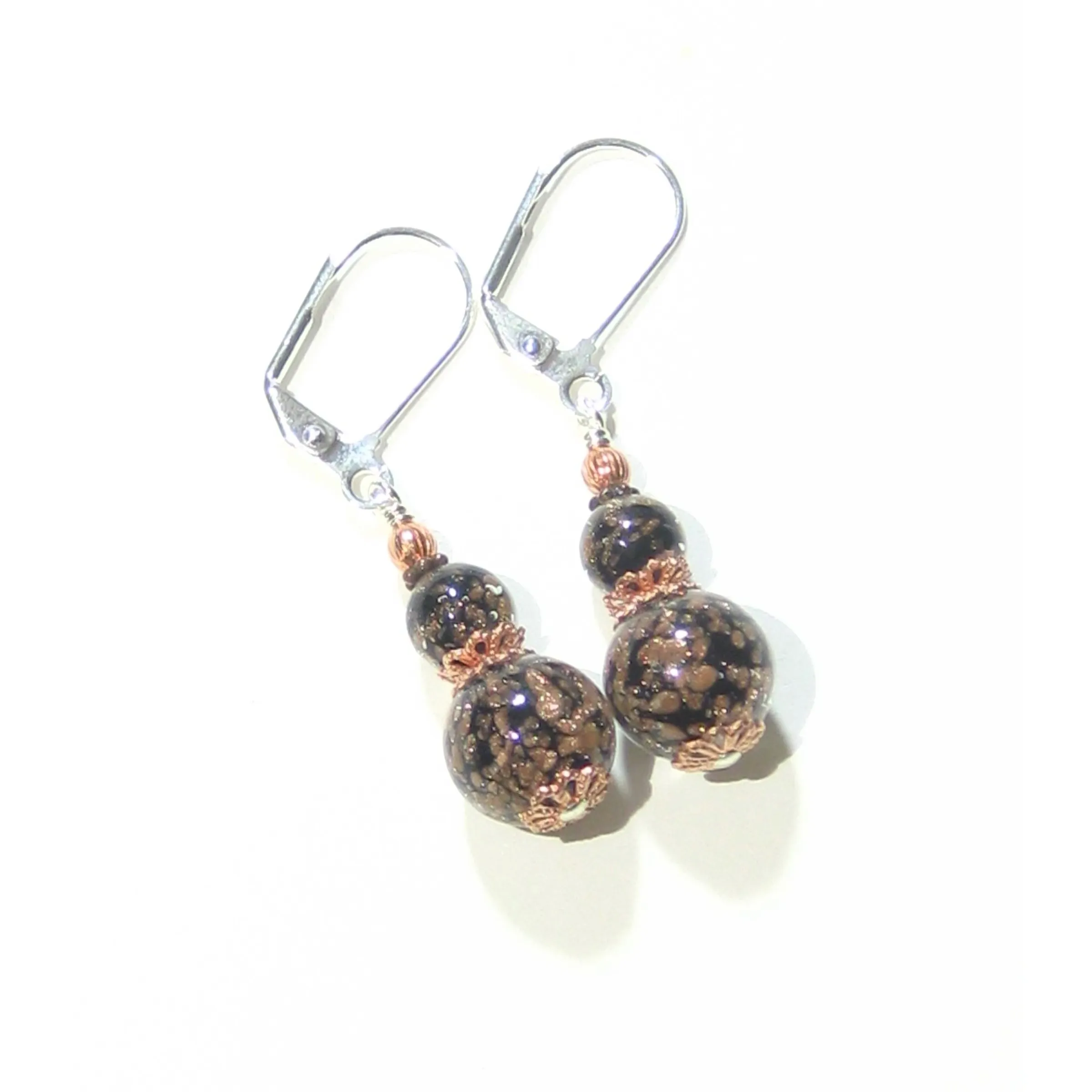 Murano Glass Black Copper Ball Sterling Silver Earrings
