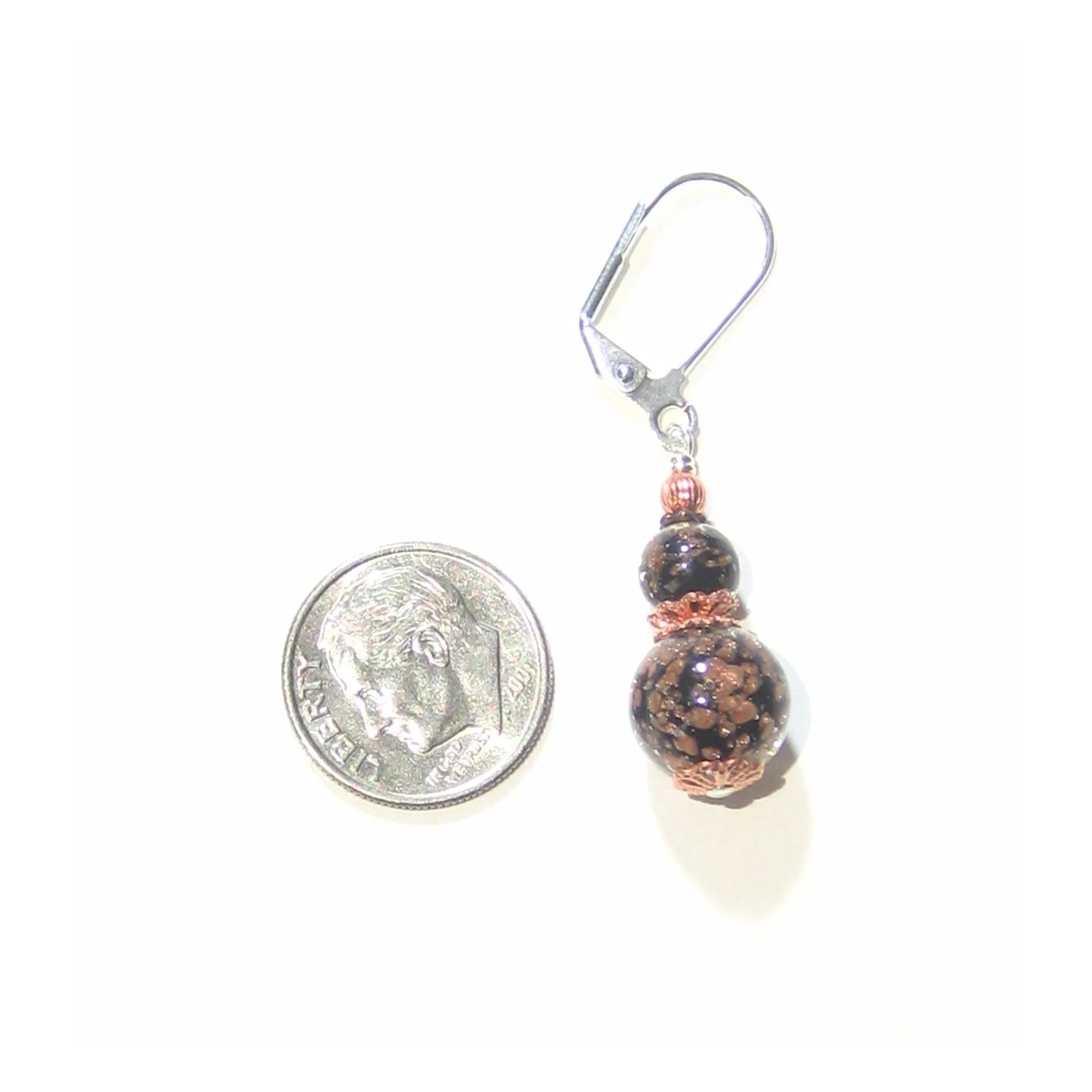 Murano Glass Black Copper Ball Sterling Silver Earrings