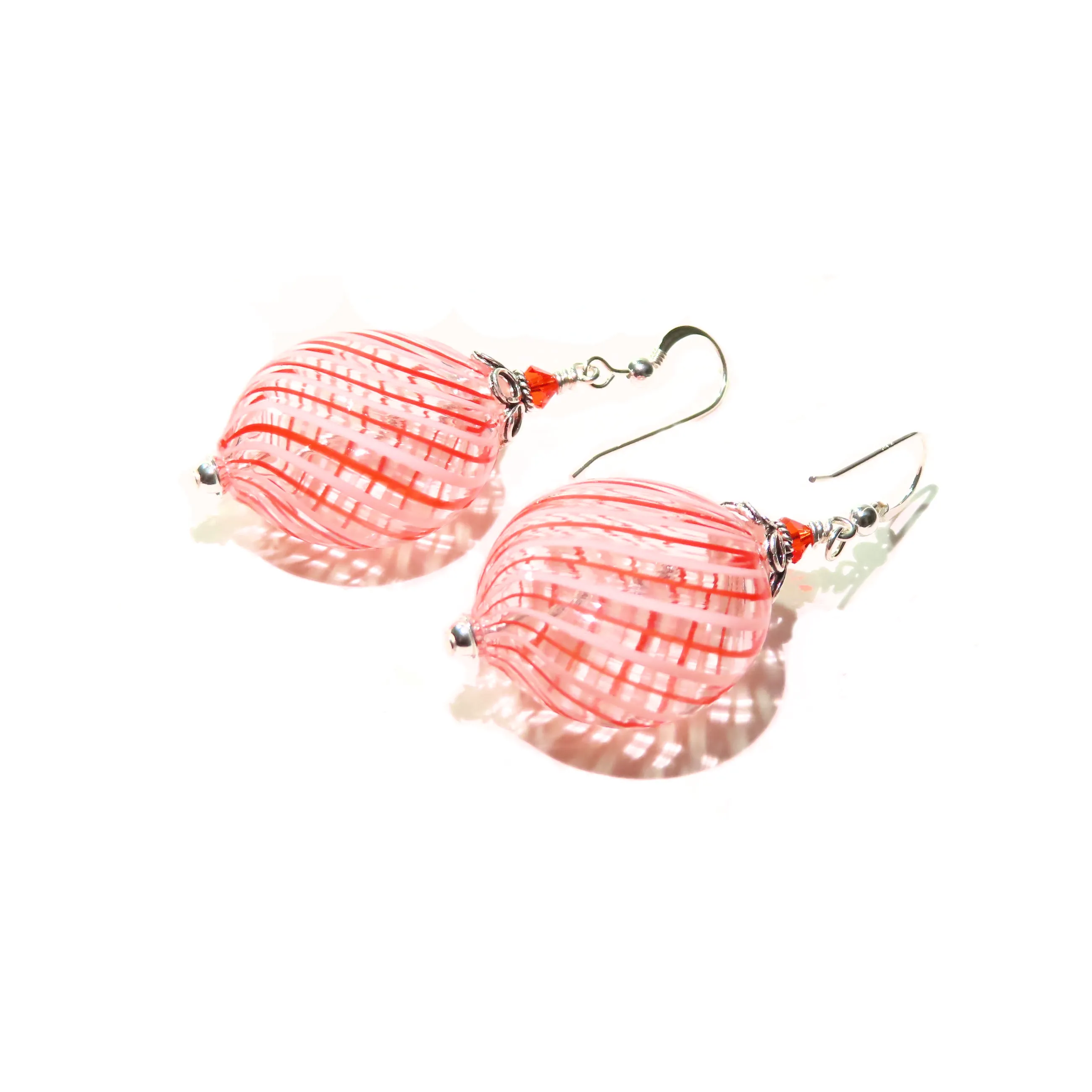 Murano Mouth Blown Glass Orange Stripe Hollow Disc Earrings