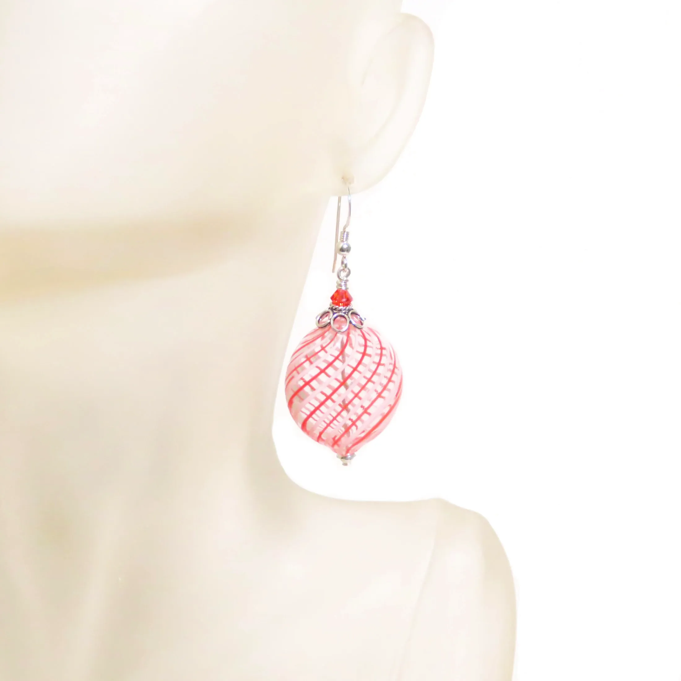 Murano Mouth Blown Glass Orange Stripe Hollow Disc Earrings
