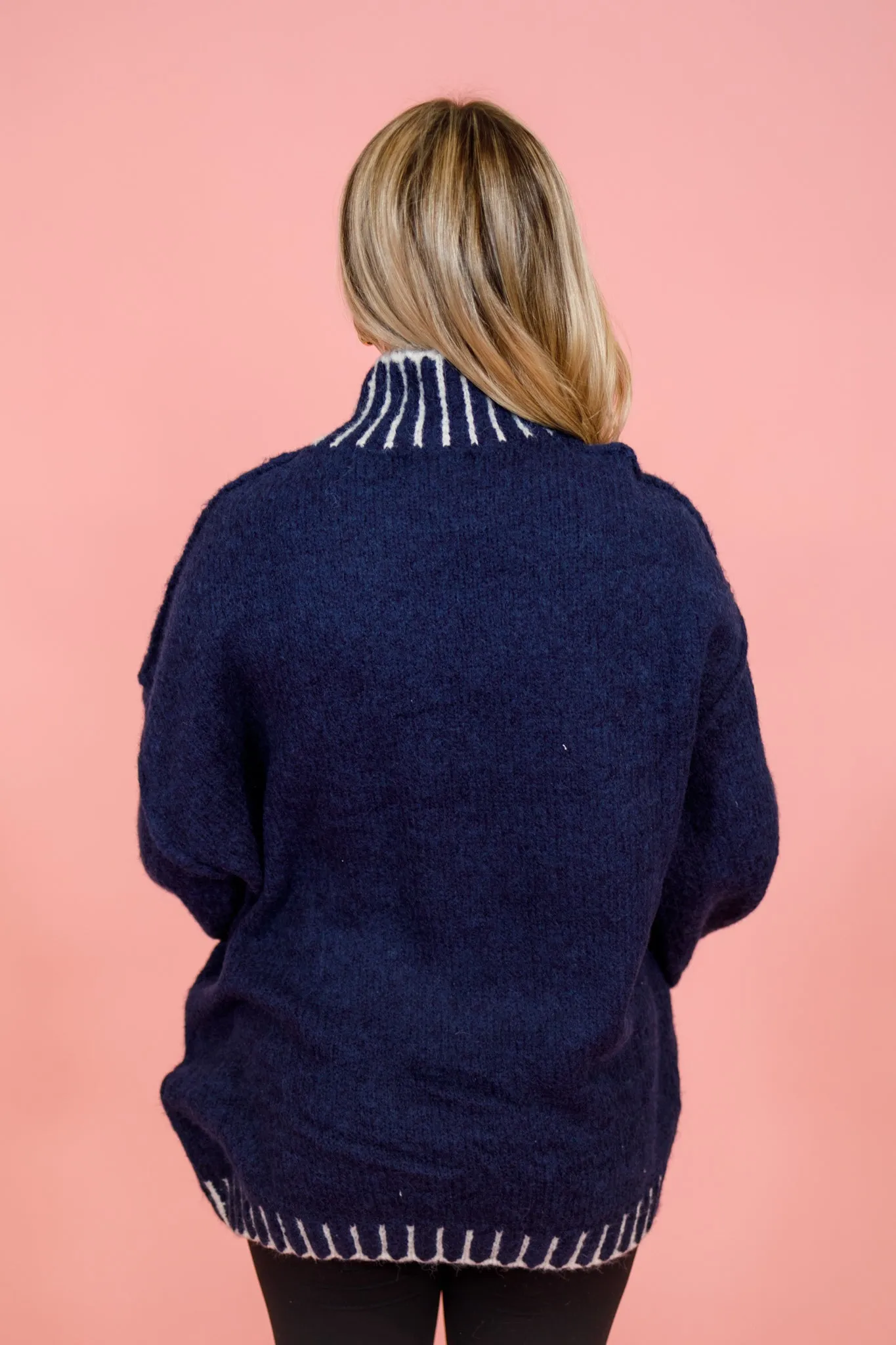 Navy Mock Neck Embroider Sweater