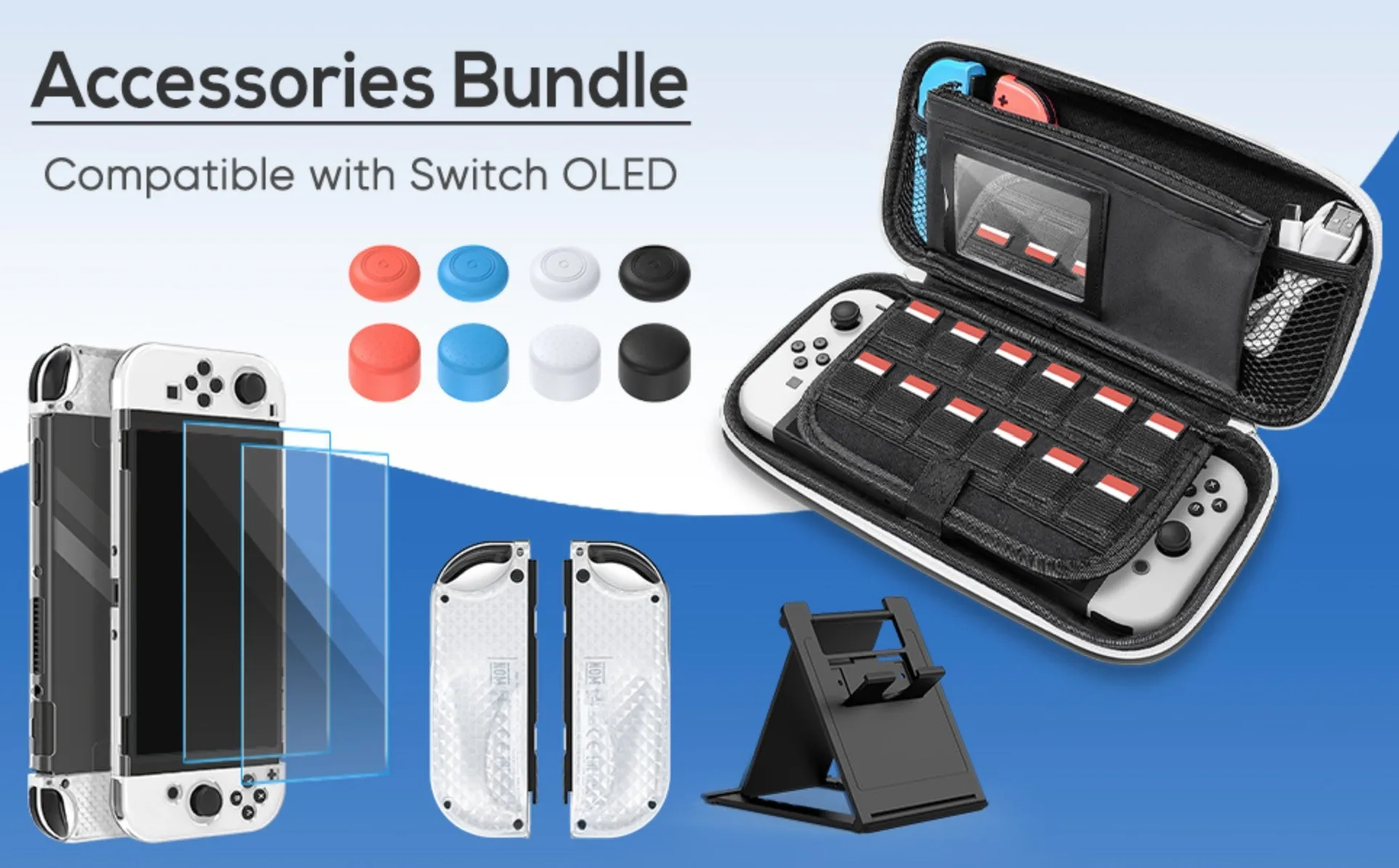 Nintendo Switch OLED Model Accessories Bundle - Kit Includes Carrying Case, 3 in 1 Protective Case Cover, 2pcs Screen Protector, Adjustable PlayStand, Thumbstick Grip Caps – by Klipdasse